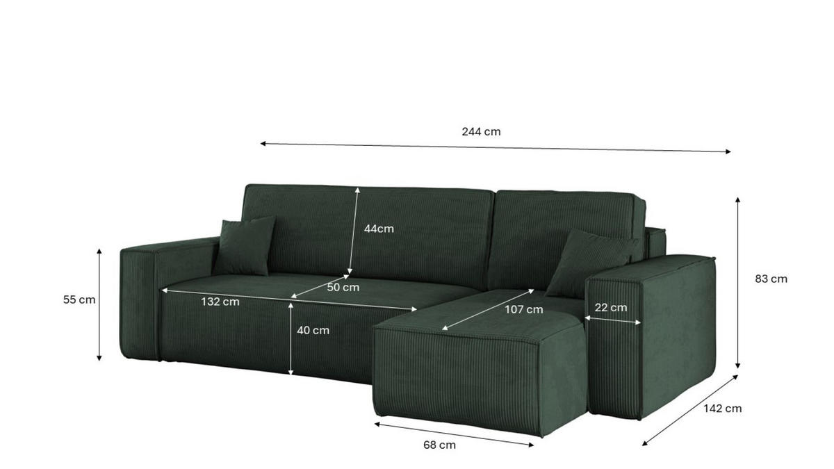 ECKSOFA Mit Schlaffunktion Und Bettkasten BEST Stoff Poso Dicker Cord Grün Rechts - Grün, Holz/Textil (244/142cm) - Kaiser Möbel