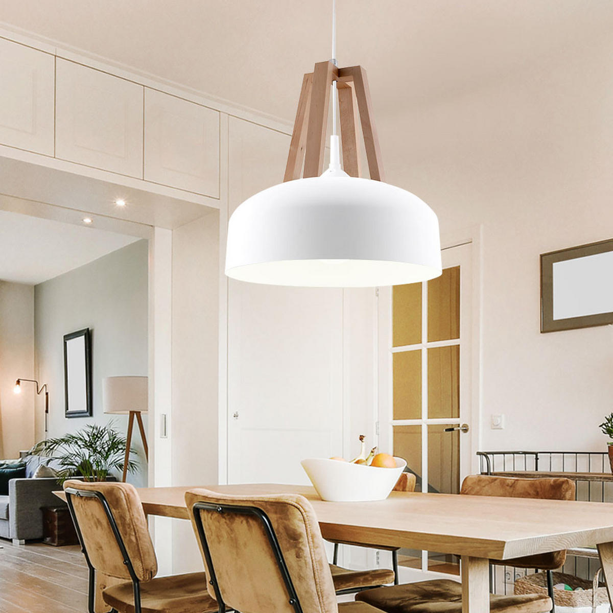 HÄNGELEUCHTE Stahl Weiß Holz Natur - Weiß, Holz (30/30/80cm)