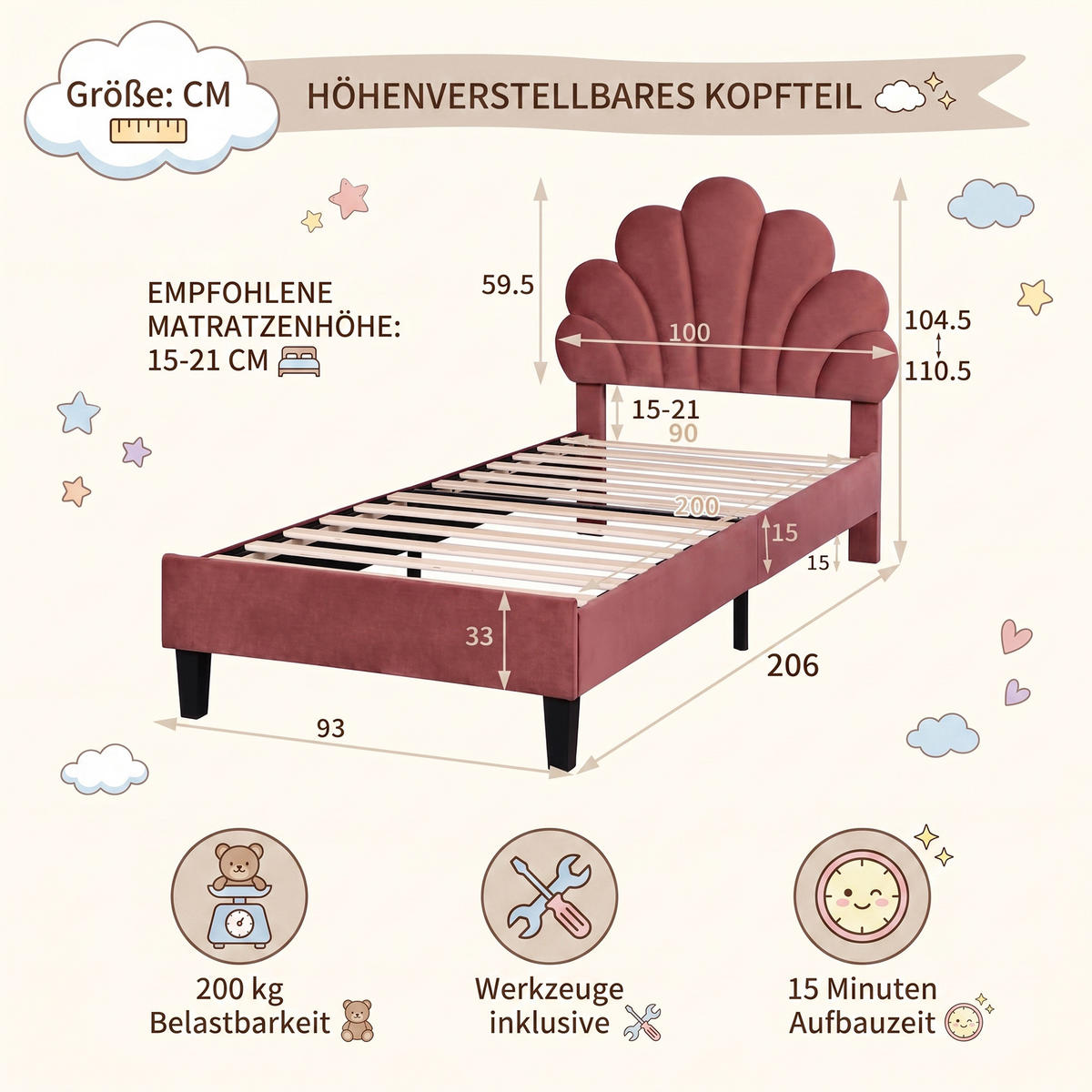 KINDERBETT 90x200 mit Lattenrost, Blütenblatt-Kopfteil, höhenverstellbar, Weinrot - Weinrot, Holz/Textil (90/200cm) - GENKI LIVING