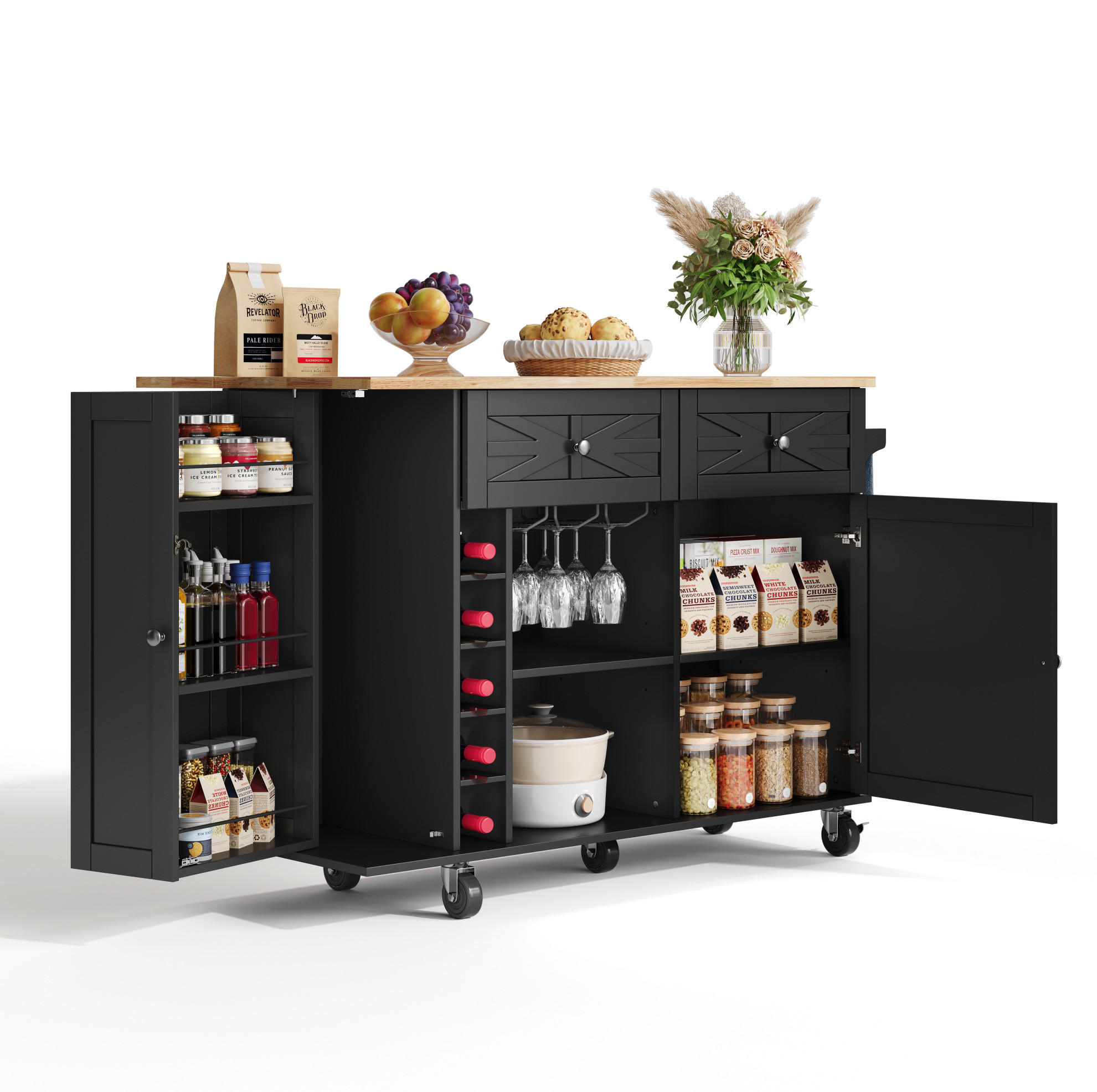 KÜCHENINSEL mit klappbarer Tischplatte 120 cm Schwarz - Schwarz, Holz (70/89/120cm) - Beauniv