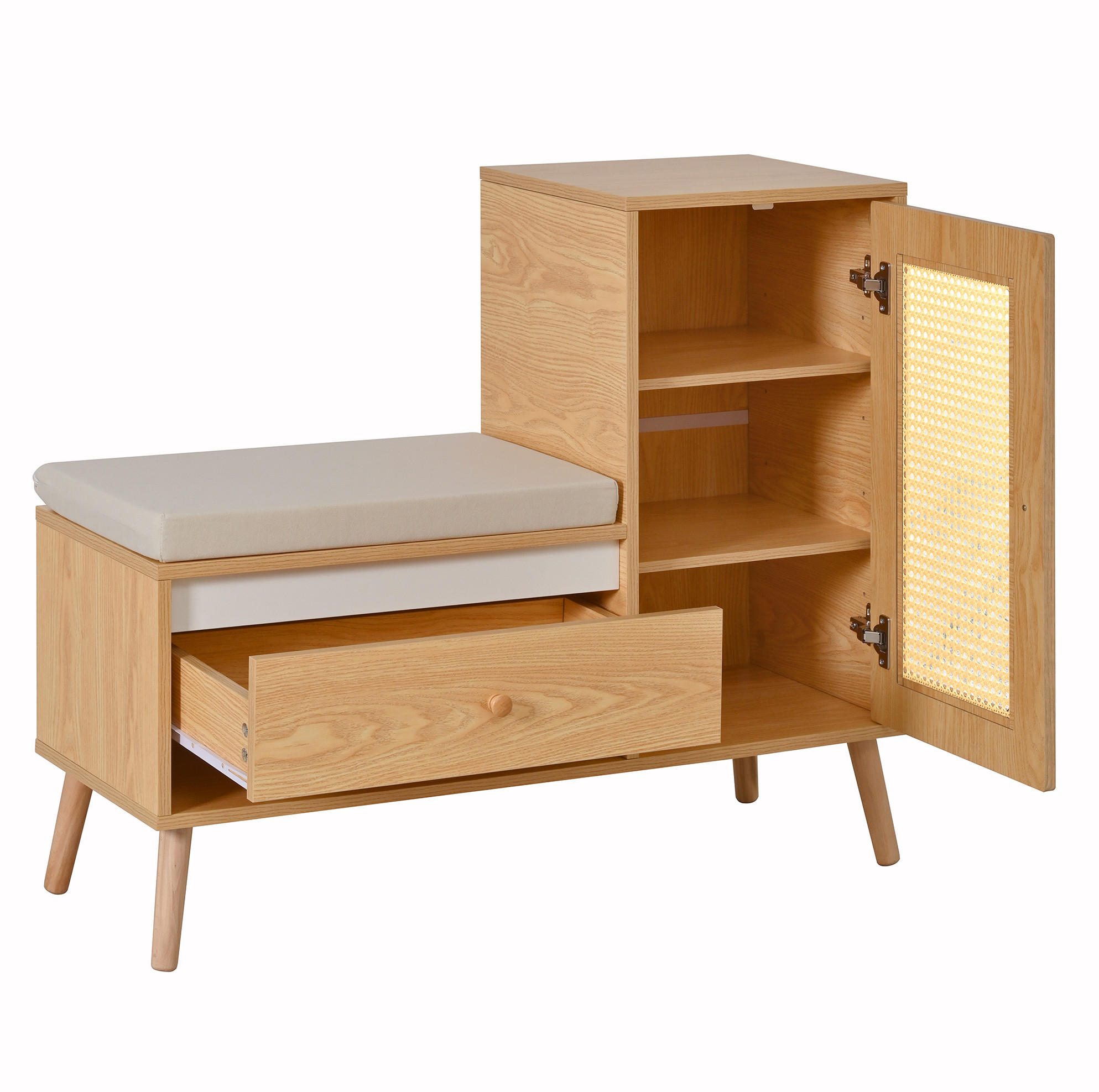 SCHUHBANK 95,5/35/80,5 cm mit Sitzkissen, Schubladen und Rattan-Optik - Eichefarben, Holzwerkstoff (95.5/80.5/35cm) - BEAOK