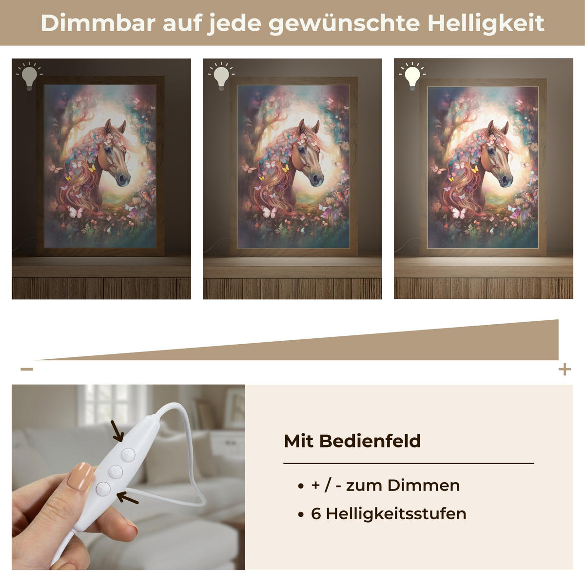 NÁSTĚNNÁ LAMPA Kůň - Příroda - Květiny - Motýli - Les 20x30 cm - tmavě hnědá, kompozitní dřevo (20/30/8cm) - OnlyWow