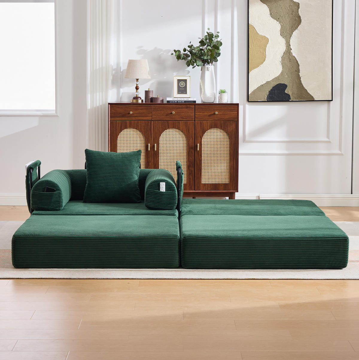 MODULSESSEL 112/190/67 cm mit Hocker, Seitentasche und Kissen aus Cord mit Metallrahmen, Emerald - Smaragdgrün, Textil (190/67/112cm) - Redom