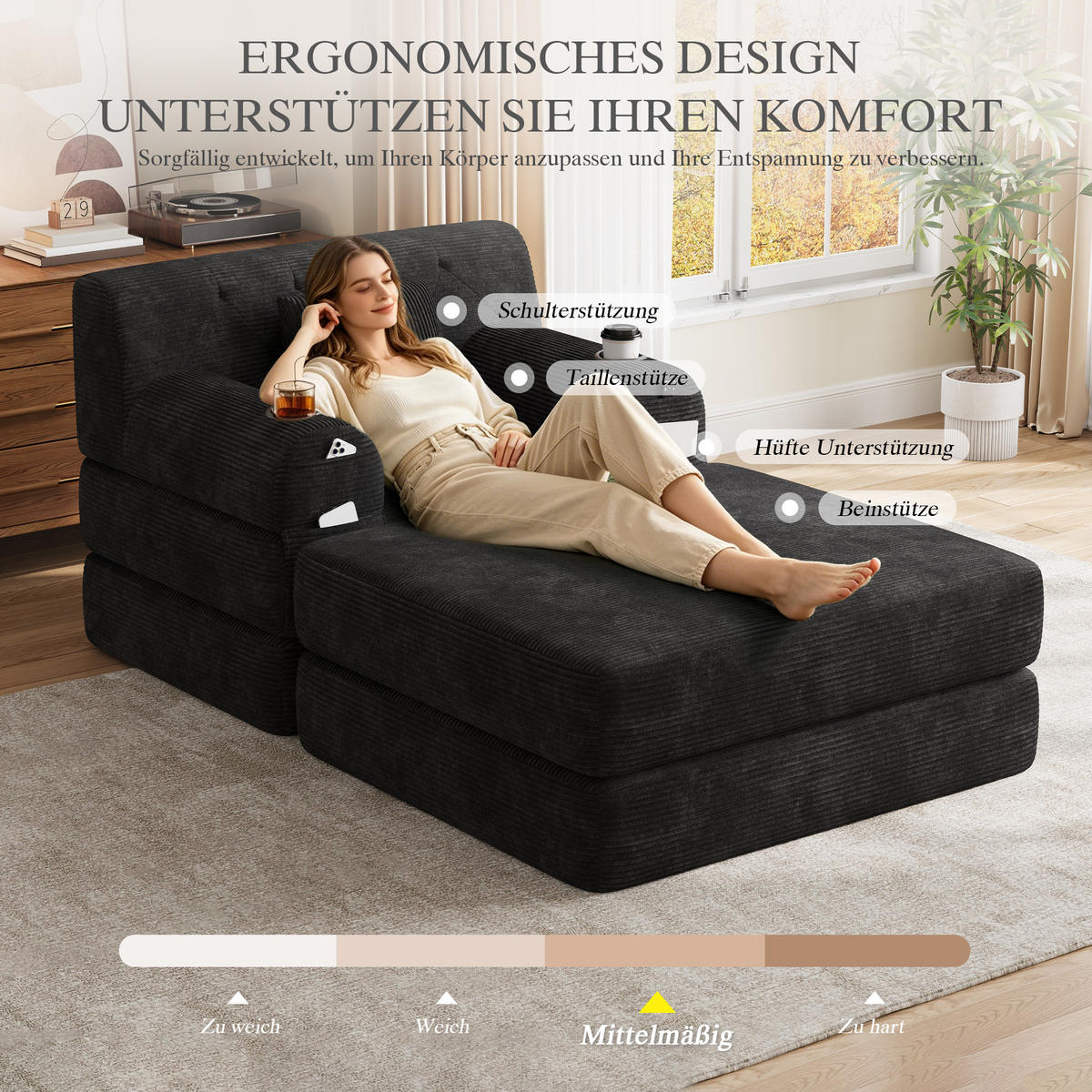 SCHLAFSOFA mit Hocker und Liegefunktion aus Cord mit Getränkehaltern - Schwarz, Textil (191/60/162cm) - EVRYAE