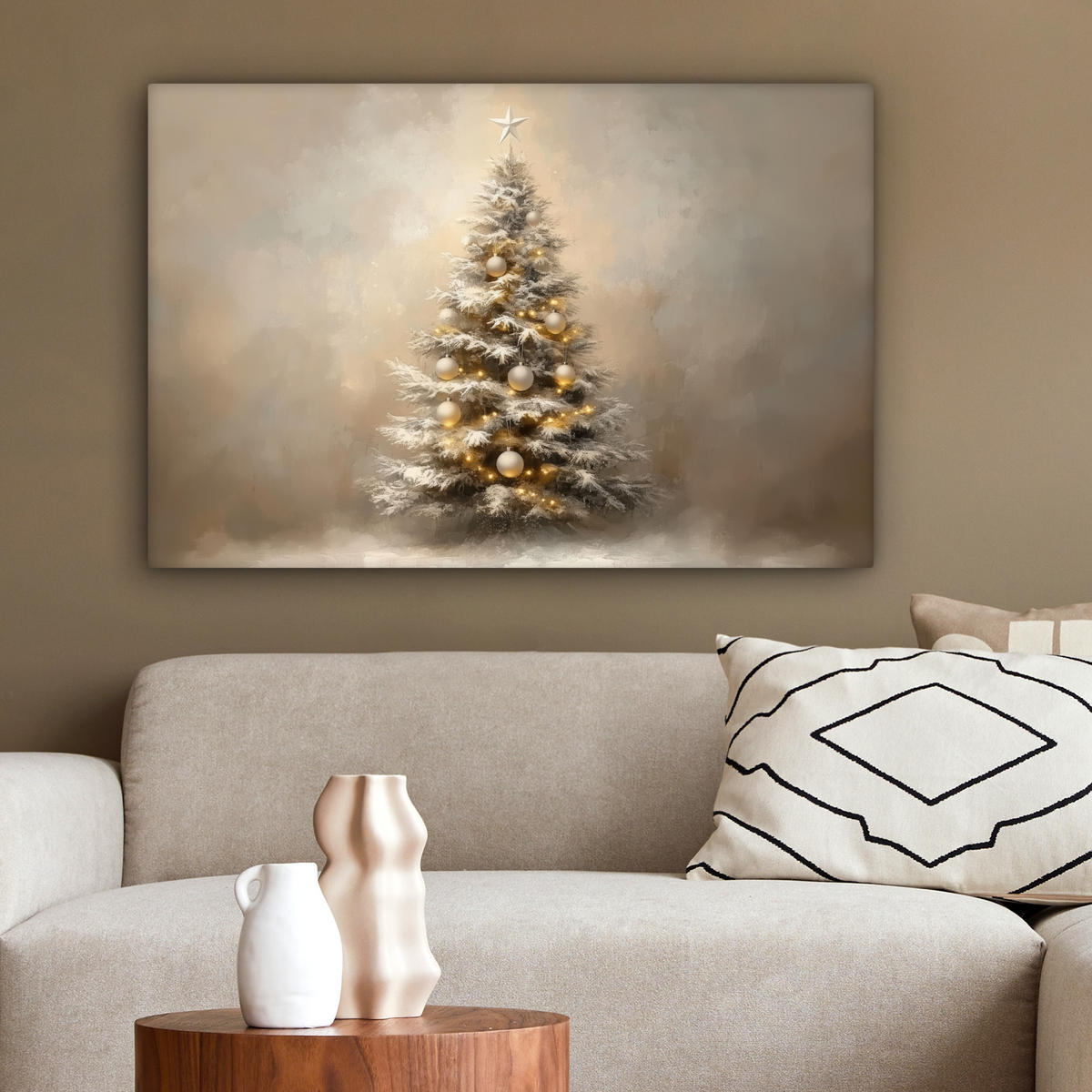 LEINWANDBILD Weihnachten - Weihnachtsbaum - Schnee - Kunst Wanddeko 90x60 cm - Champagner, Textil (90/60cm) - MuchoWow