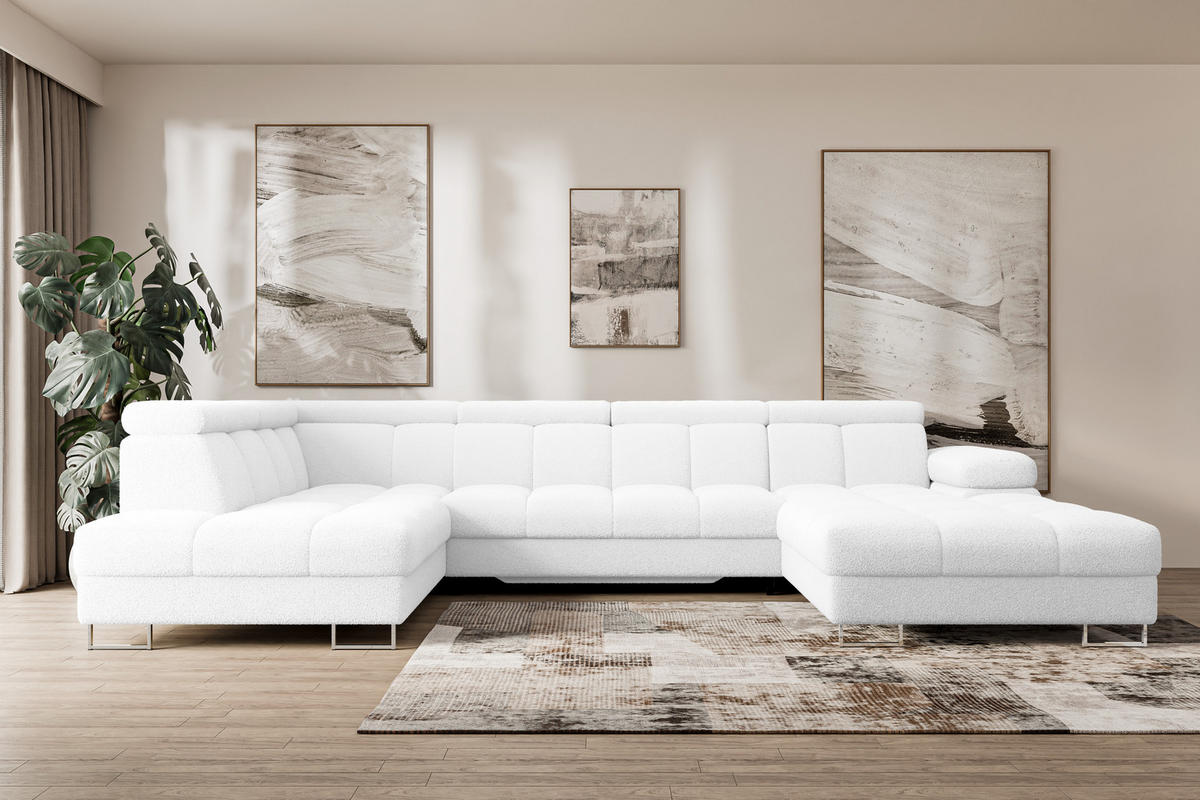 WOHNLANDSCHAFT mit Schlaffunktion und Bettkasten Ottomane Links COMA U 345x203x79 Weiß Bouclé - Weiß, Holzwerkstoff/Textil (345/79/203cm) - ALTDECOR