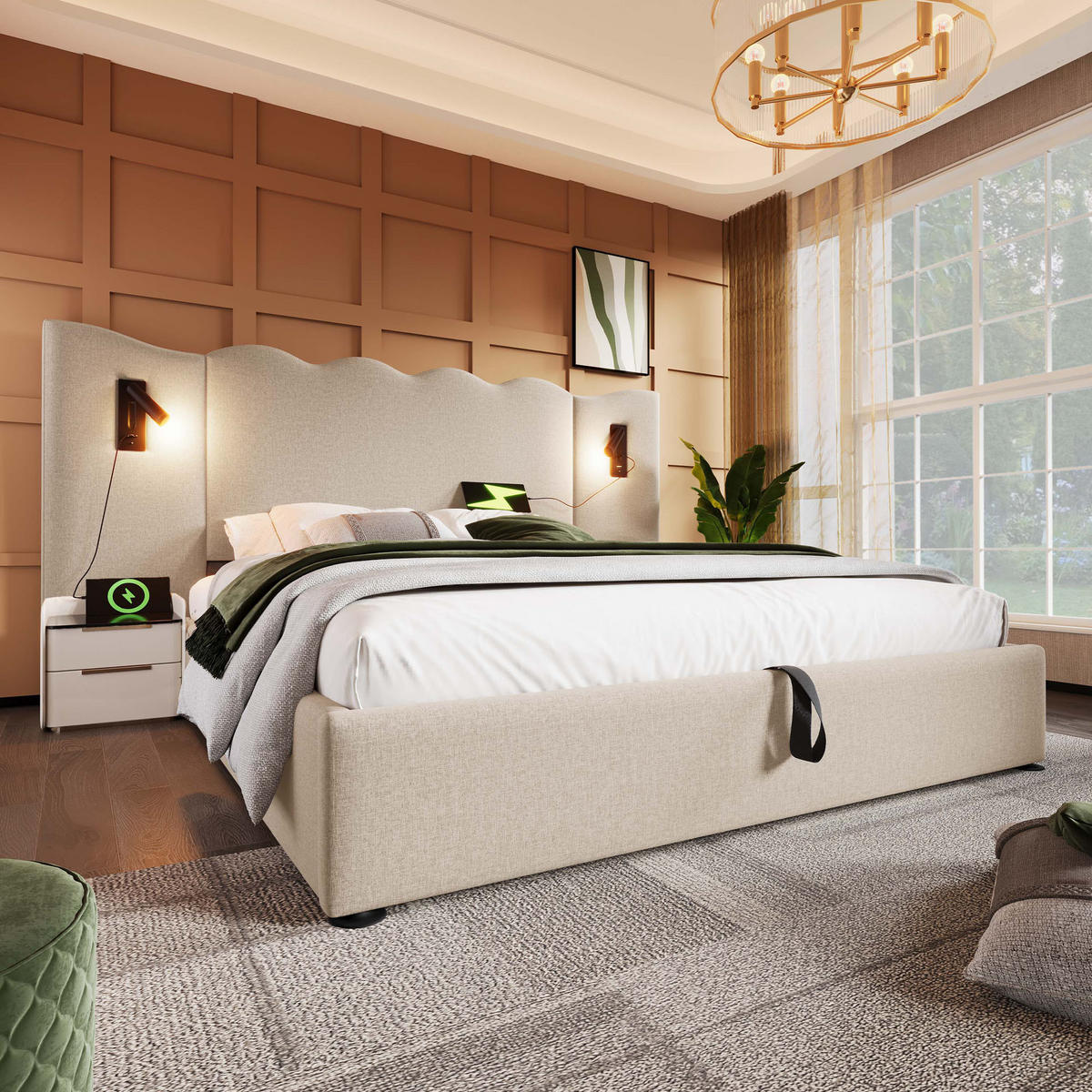 POLSTERBETT 180/200 cm Beige mit Leselampe und USB-C-Ladefunktion - Beige, Textil (180/200cm) - OKWISH