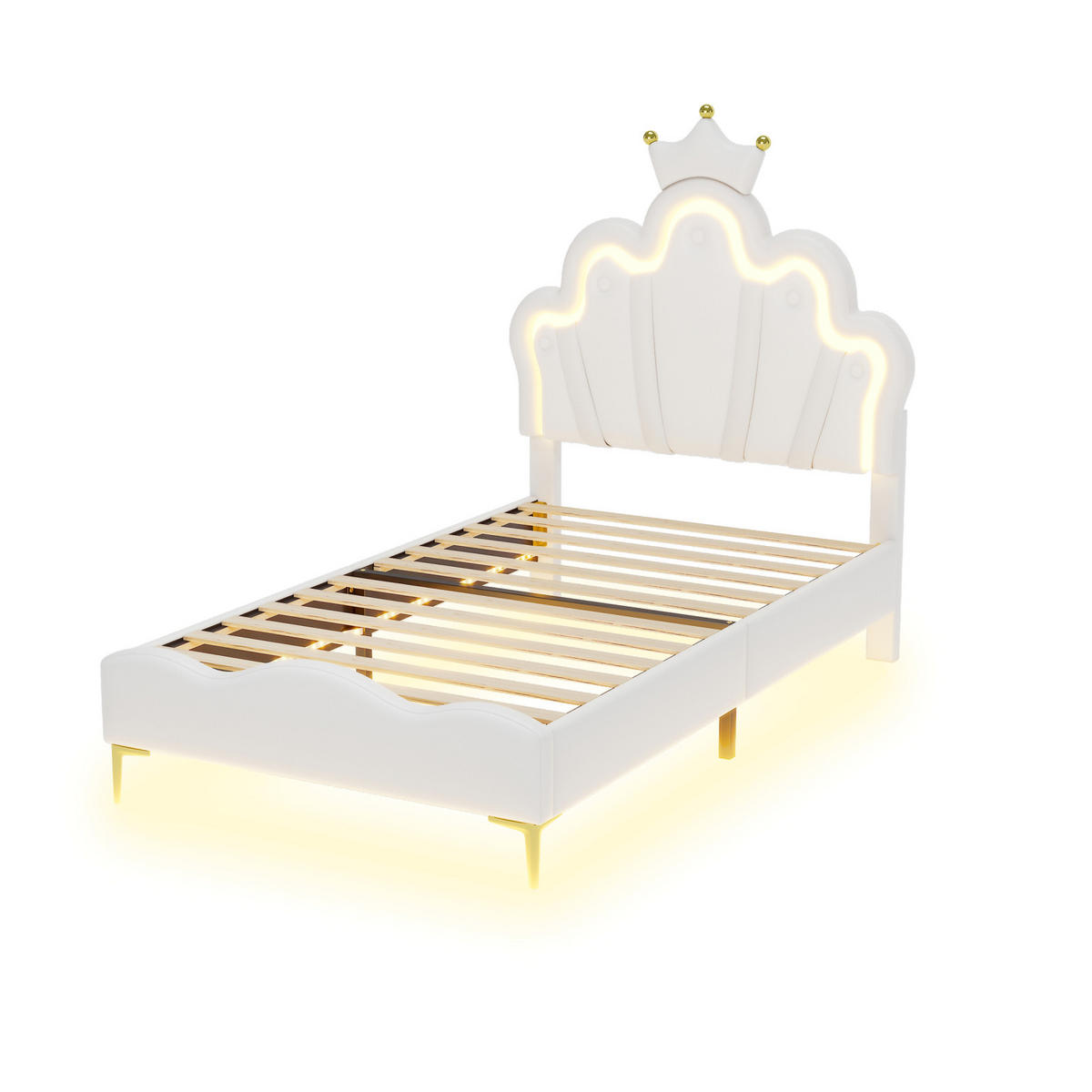 KINDERBETT 90 x 190 cm, Prinzessinnen, mit RGB-LED-Beleuchtung, gepolsterter Krone, höhenverstellbarem Bettgestell, Weiß - Weiß, Leder/Holz (190/90cm) - BursDany