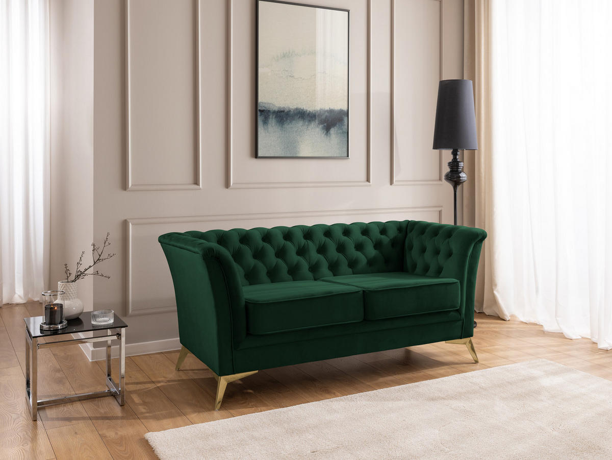CHESTERFIELD-SOFA 2-sitzer Whitby Flaschengrün Samt mit goldenen Füßen - Dunkelgrün/Goldfarben, Holz/Textil (175/78/82cm) - S-Style Möbel