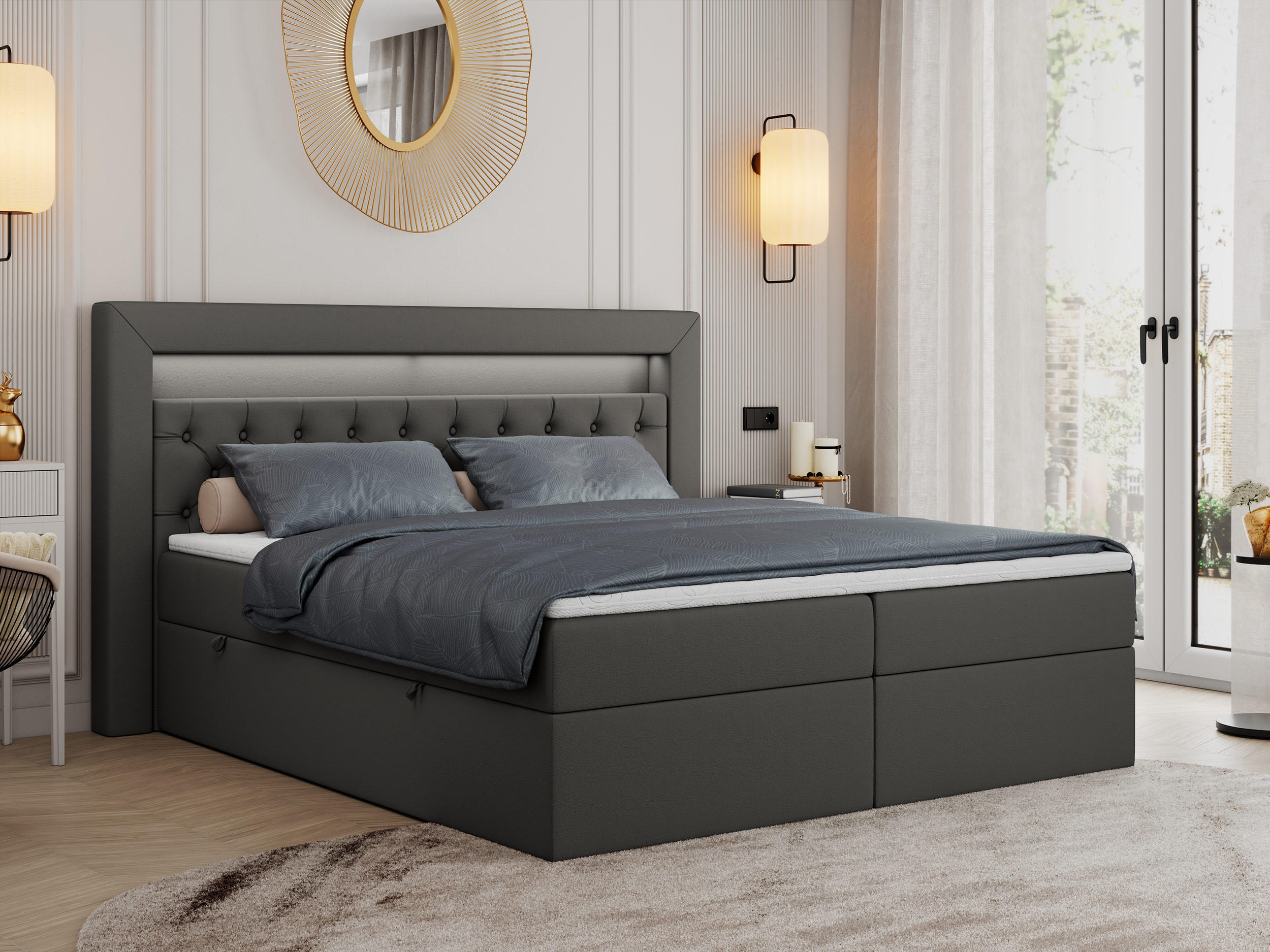 BOXBETT GOLD-6 LED 160/200 Dunkelgrau Kunstleder - H3 - Dunkelgrau, Holz/Textil (160/200cm) - MKS