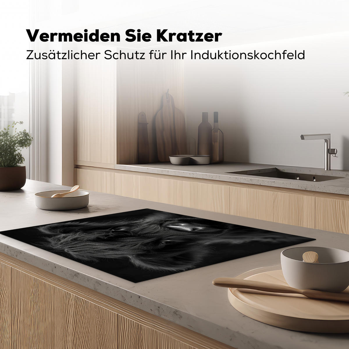 HERDABDECKPLATTE Scottish Highlander - Schwarz - Kalb - Kuh Induktionsmatte 77x59 cm - Schwarz, Kunststoff (77/59/0.2cm) - MuchoWow