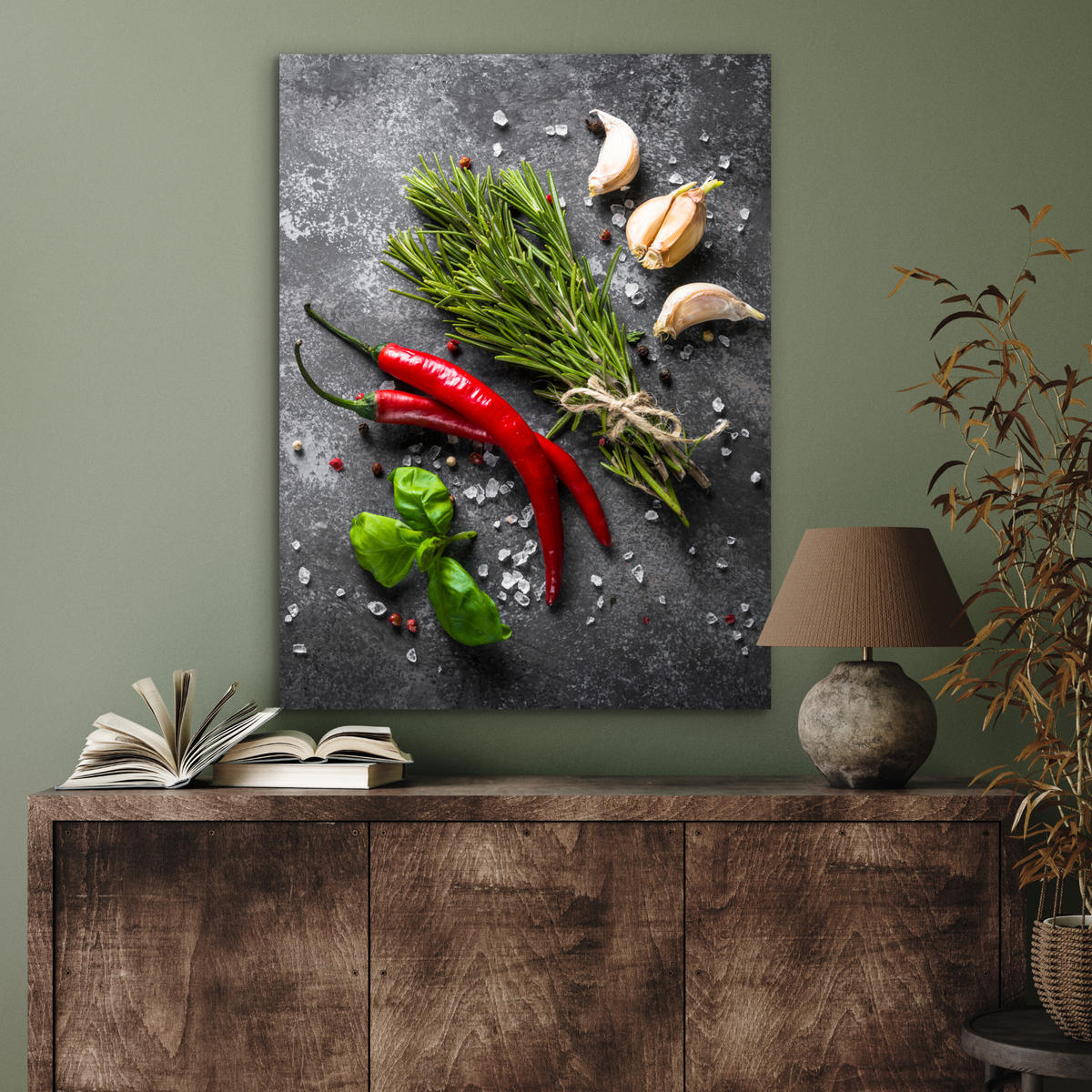 KOVOVÝ OBRAZ Korenie - bylinky - korenie - betón 60x80 cm - tmavosivá, kov (60/80cm) - MuchoWow