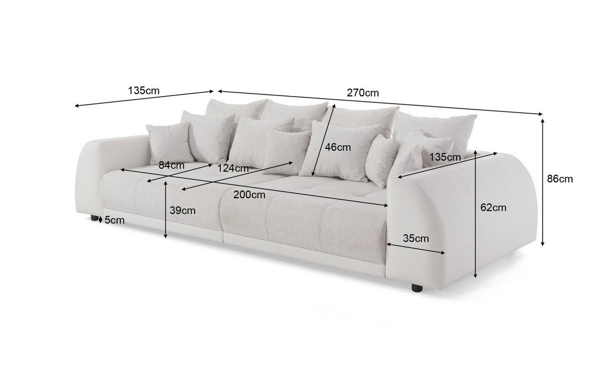 BIGSOFA Elementa Weiß und Creme Kunstleder/Strukturstoff - Creme/Schwarz, Holz/Kunststoff (270/86/135cm) - S-Style Möbel