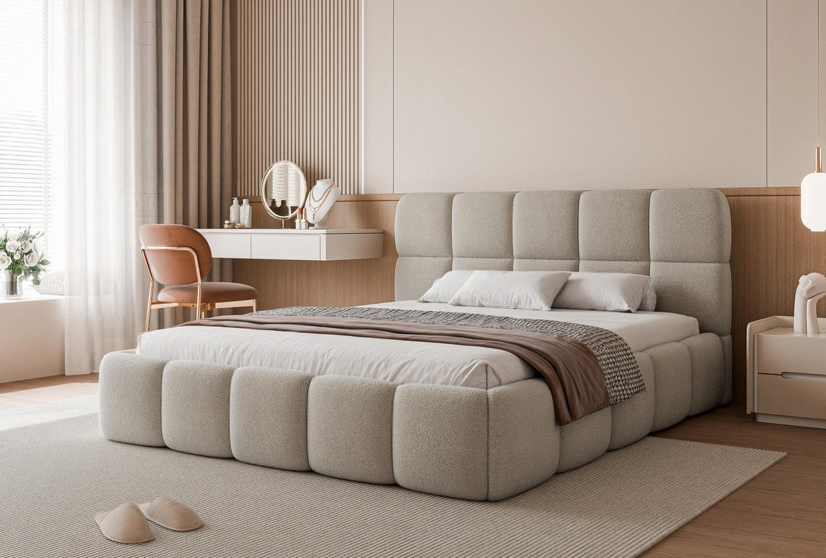 POLSTERBETT CERETTO 180x200 cm Kaltbeige Bouclé (Stoff Quelle) - mit Bettkasten und Holzlattenrost - Beige, Holzwerkstoff/Textil (180/200cm) - Ravio