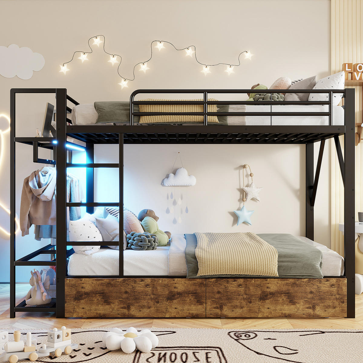 ETAGENBETT 140/200 cm aus Metall mit LED-Beleuchtung und Stauraum - Schwarz, Metall - BEAOK