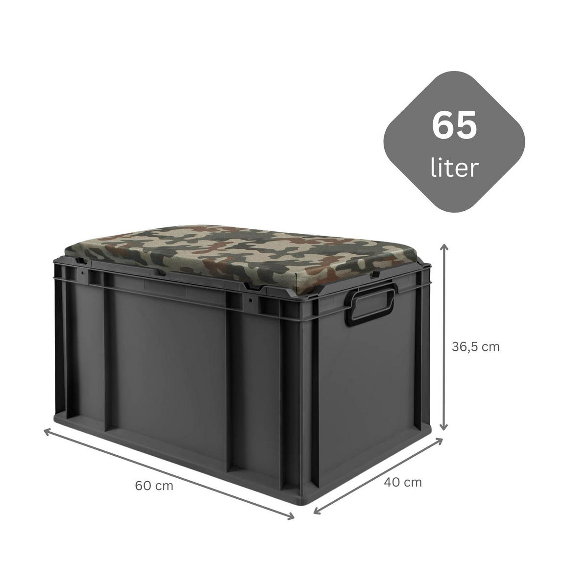 EUROBOX NextGen Seat Box Camouflage, HxBxT 36,5x40x60cm, 65 Liter, Griffe geschlossen, Schwarz - Schwarz, Kunststoff (40/36.5/60cm) - PROREGAL