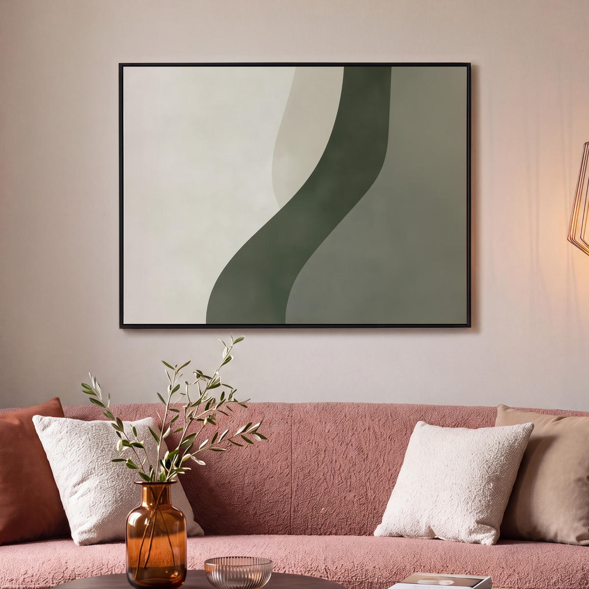 LEINWAND Bilder mit Rahmen - Japandi - Grün - Abstrakt - Modern - 100x70 - Salbeigrün, Textil (100/70cm) - MuchoWow