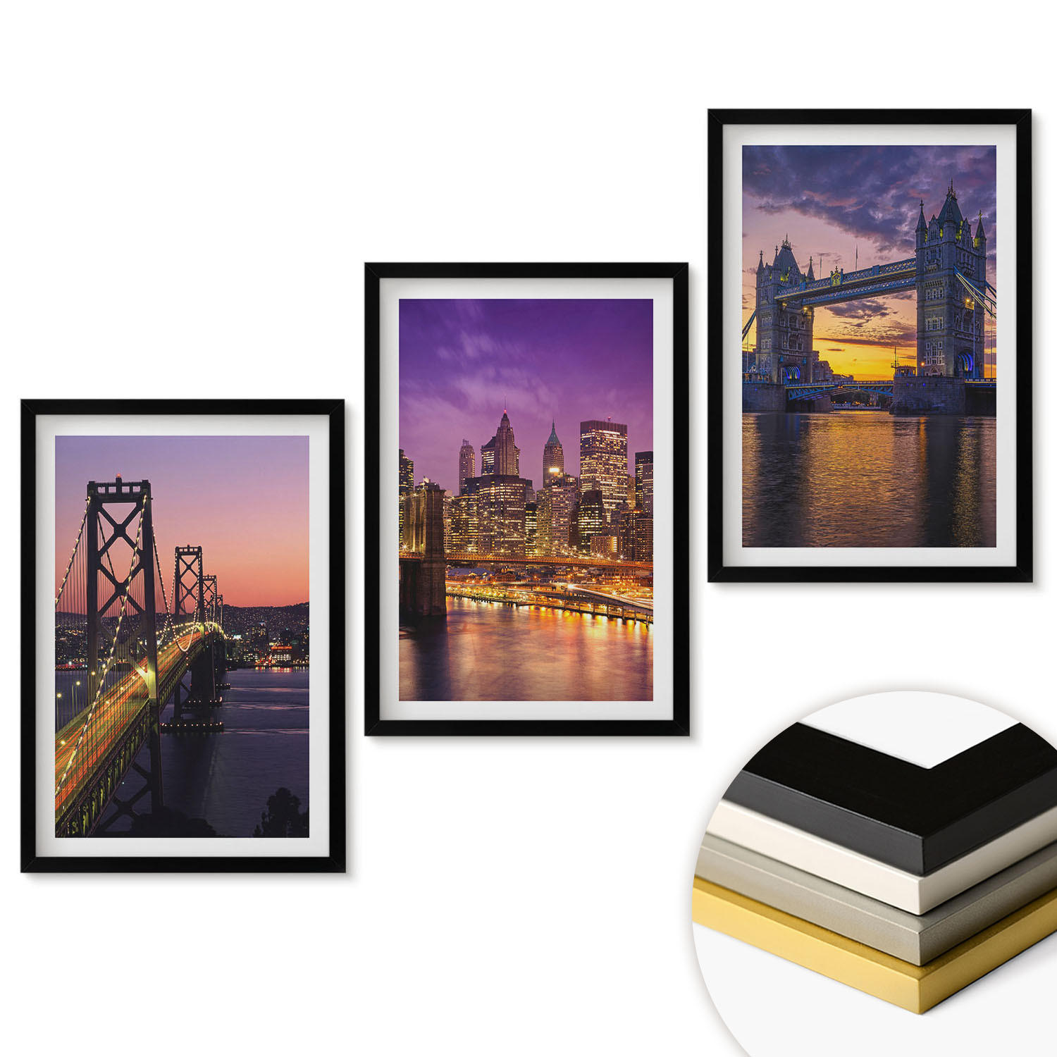 WANDBILDER 3er-Set - 40x60 cm Schwarzer Rahmen - Brücken, Sonne, Stadtblick - Schwarz, Kunststoff (40/60cm) - ArtPrintCave
