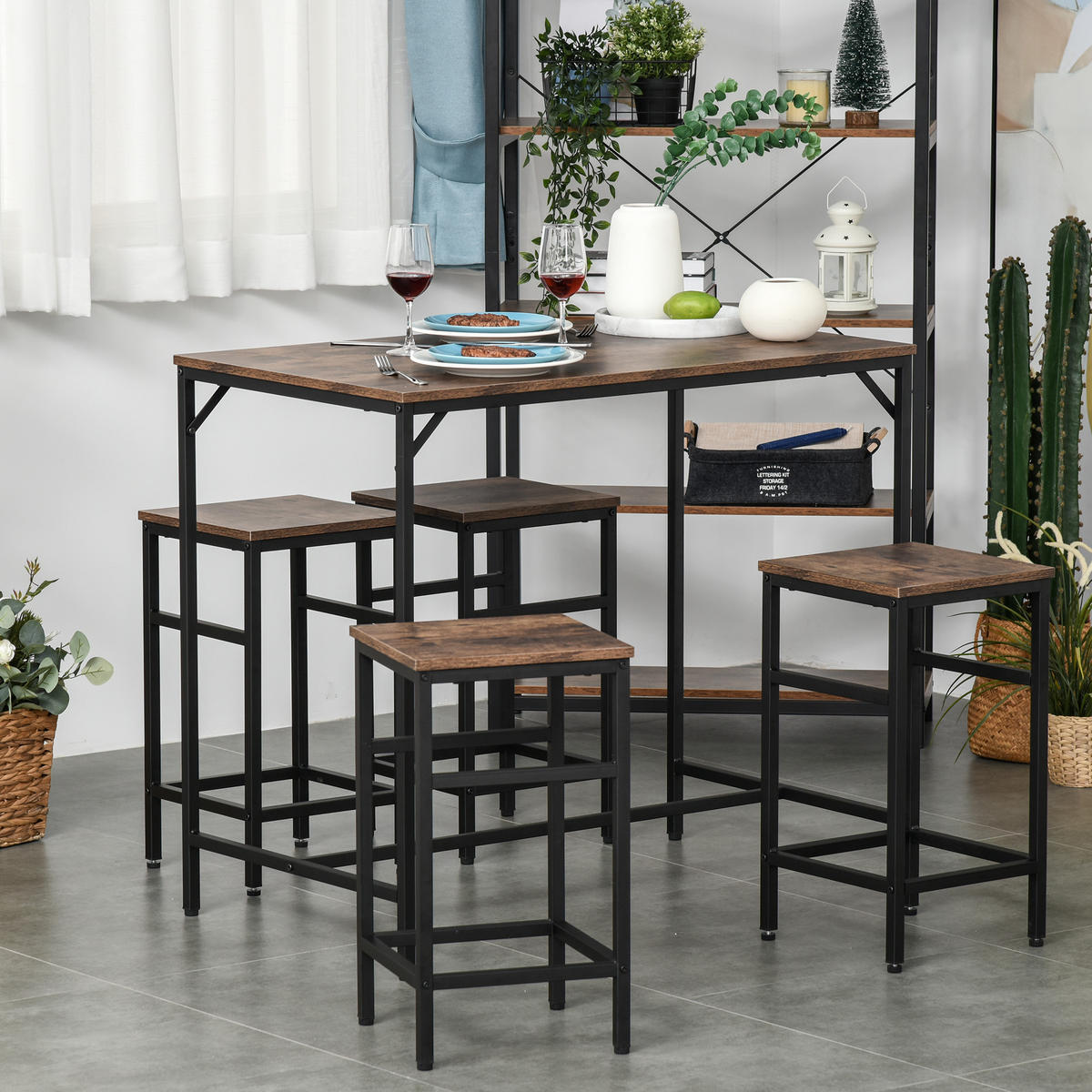 BARTISCH-SET Stehtisch mit 4 Barhockern 5-teiliges Tischset Stahl Braun - Braun, Kunststoff (60/88/100cm) - HOMCOM
