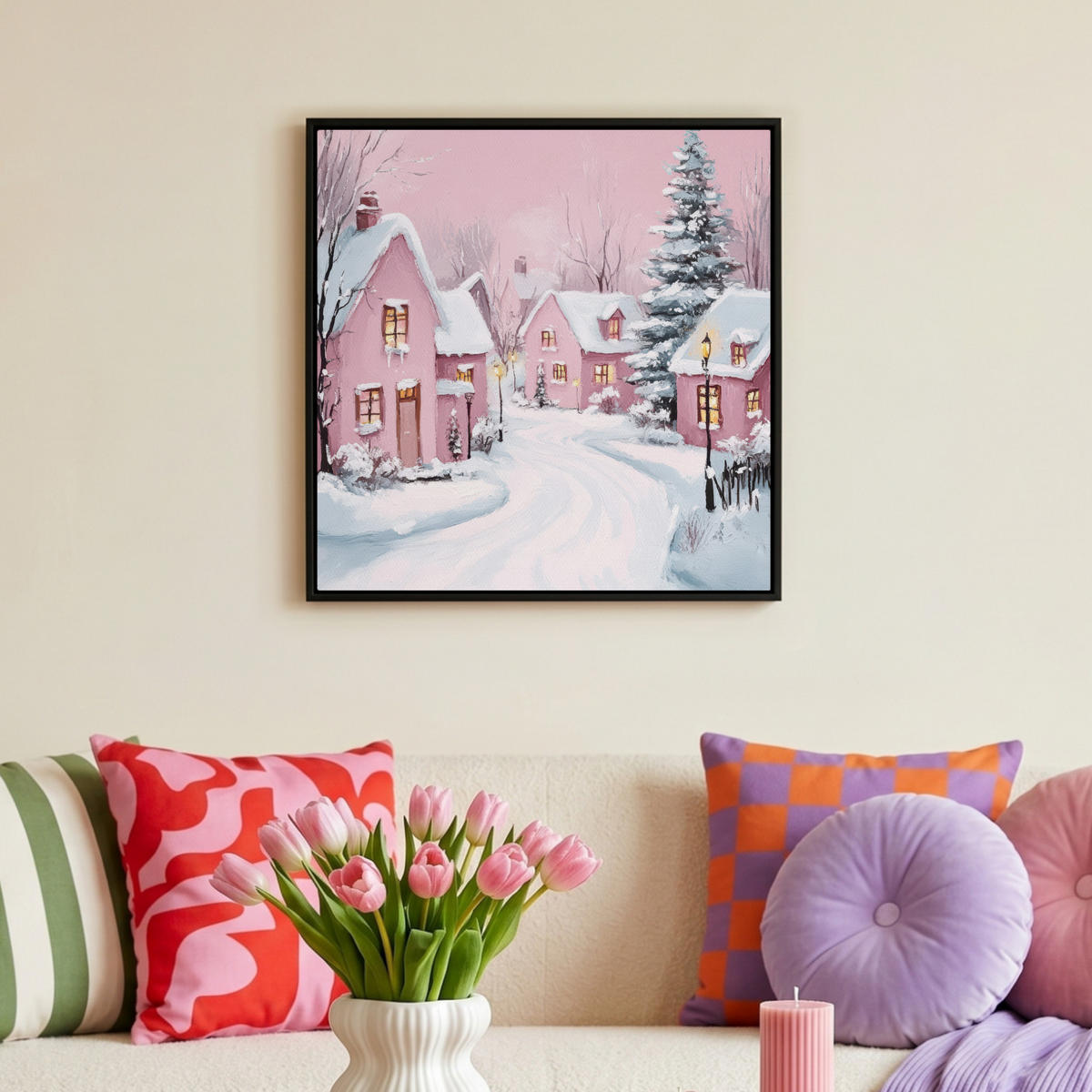 LEINWAND Bilder mit Rahmen - Weihnachtsdorf - Rosa - Winter - Schnee - Häuser - 50x50 - Altrosa, Textil (50/50cm) - MuchoWow