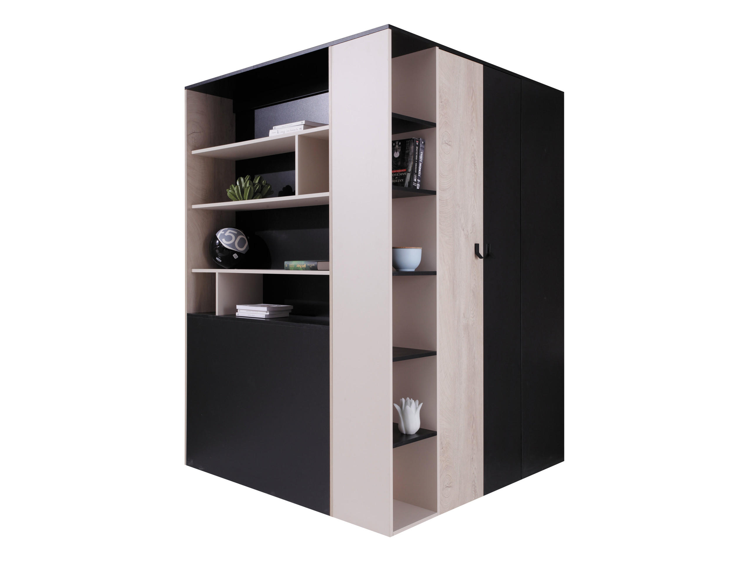 Mirjan24 Eckkleiderschrank Eiche, Schwarz 135x190x135 cm