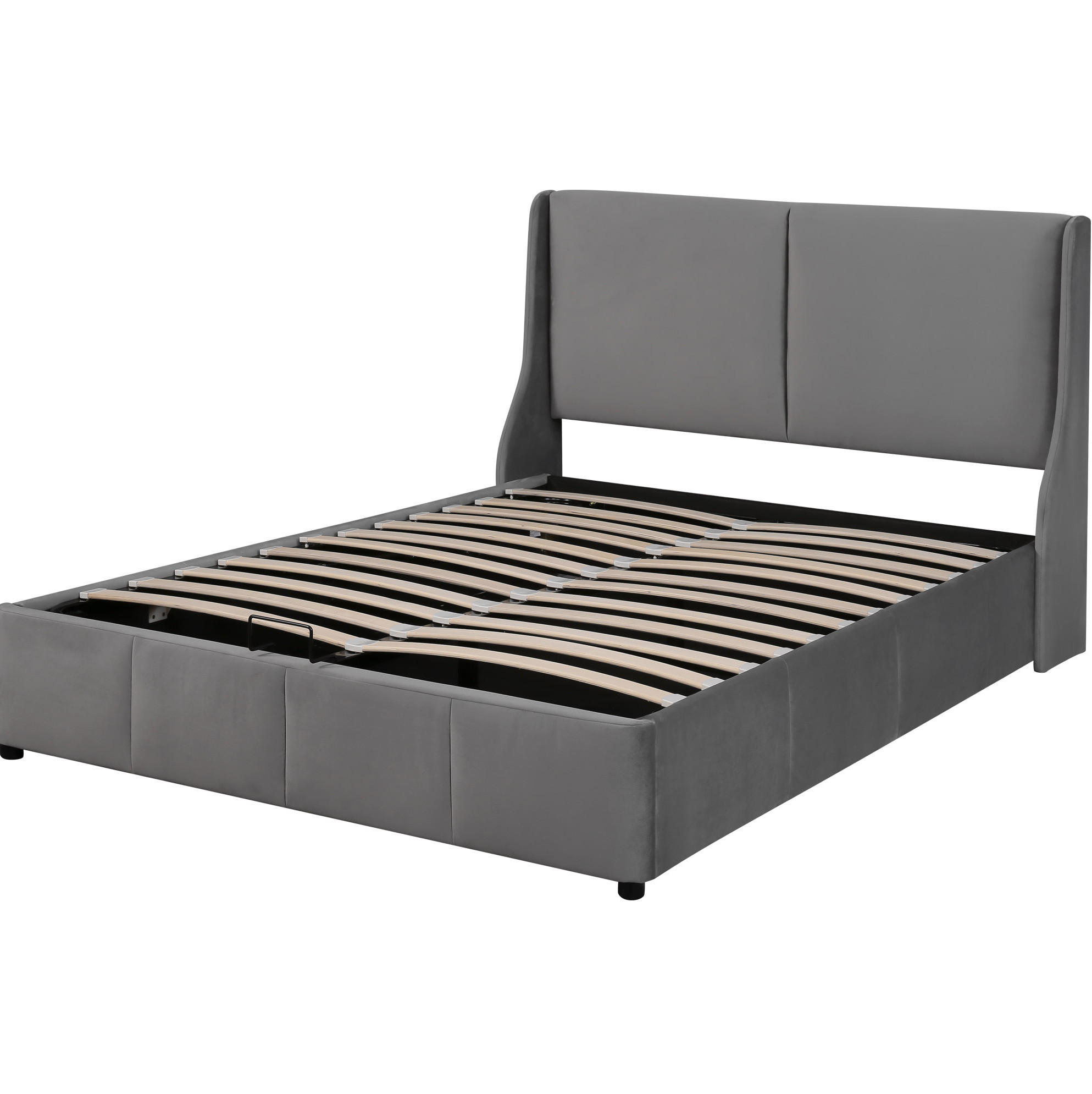 OKWISH ČALOUNĚNÁ postel 140/190 cm šedá ze sametu s hydraulickým úložným prostorem