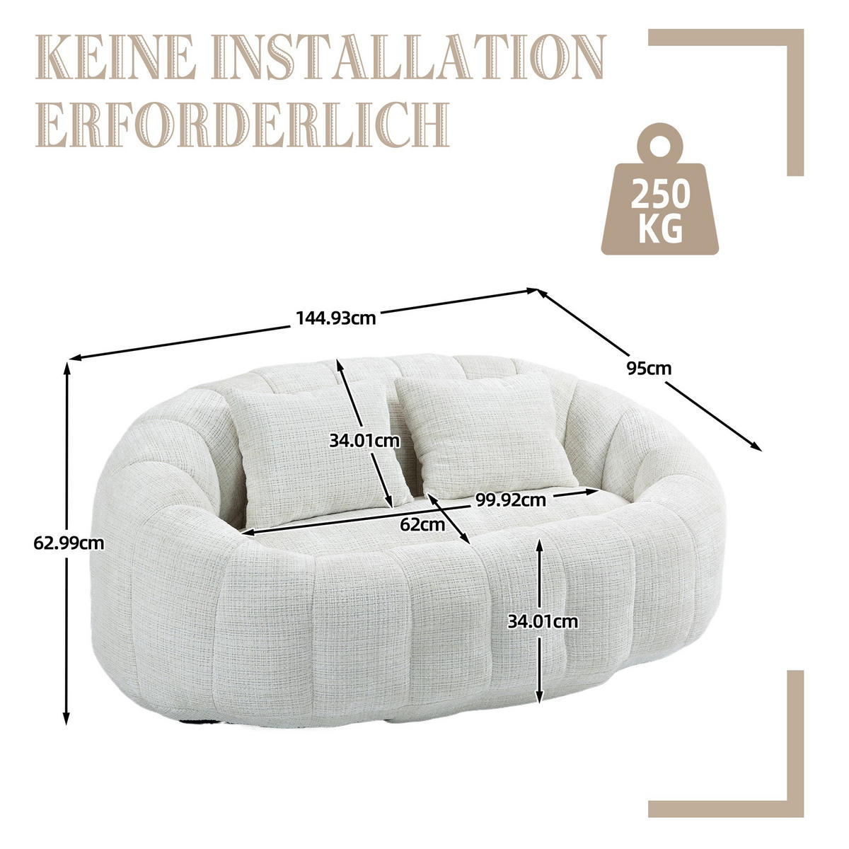 SITZSACK Cord,Sofa mit 3 extra Kopfkissen,Beige - Beige, Textil (145/63/95cm) - LVHOM