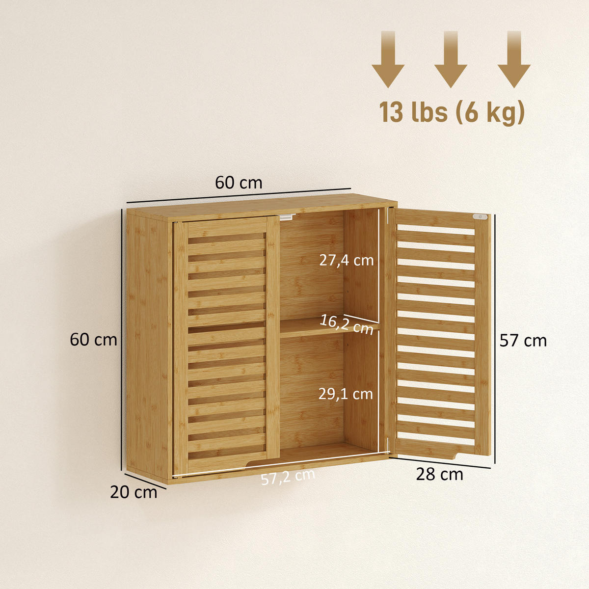 BADEZIMMERSCHRANK Wandschrank aus Bambus mit atmungsaktiven Lamellentüren Natur - Naturfarben, Naturmaterialien (20/60/60cm) - HOMCOM