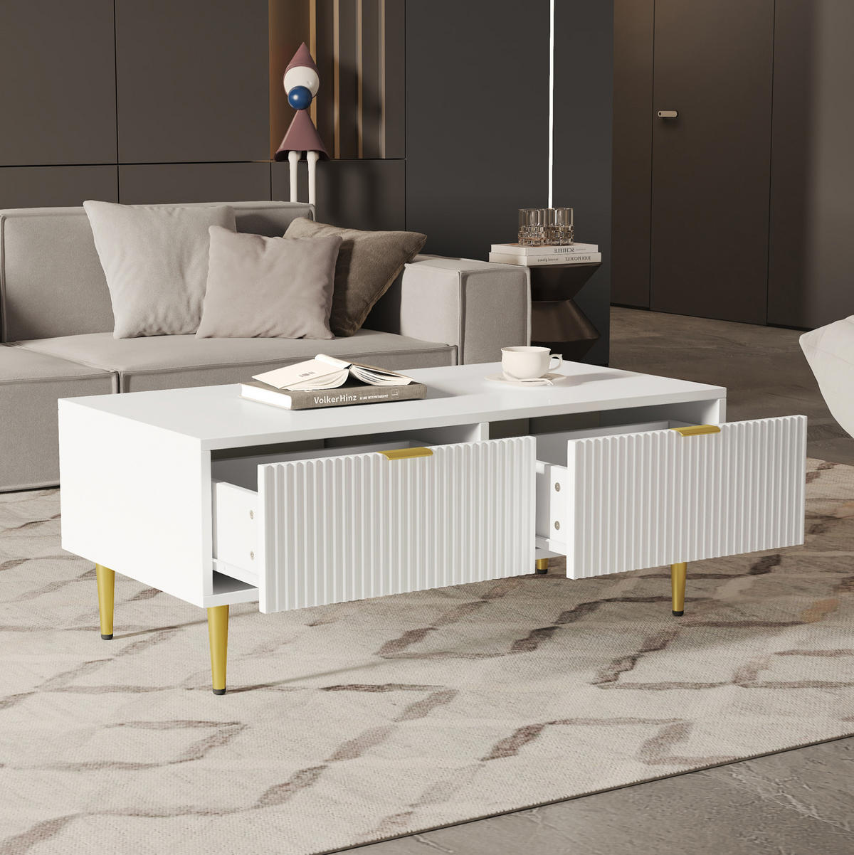 COUCHTISCH 100/50/40 cm weiß aus MDF mit 2 Schubladen - Weiß, Holzwerkstoff (100/50/40cm) - OKMYHOME