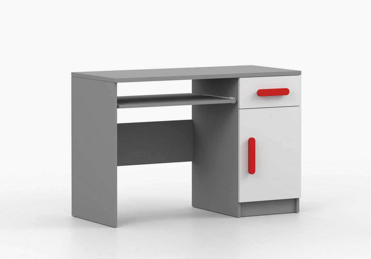 JUGENDZIMMER Elora in Grau und Weiß – 4-teiliges Set mit Schreibtisch, Kommode, Wandregal und Schrank – Grifffarbe Rot - Grau, Holzwerkstoff (80/200/120cm)