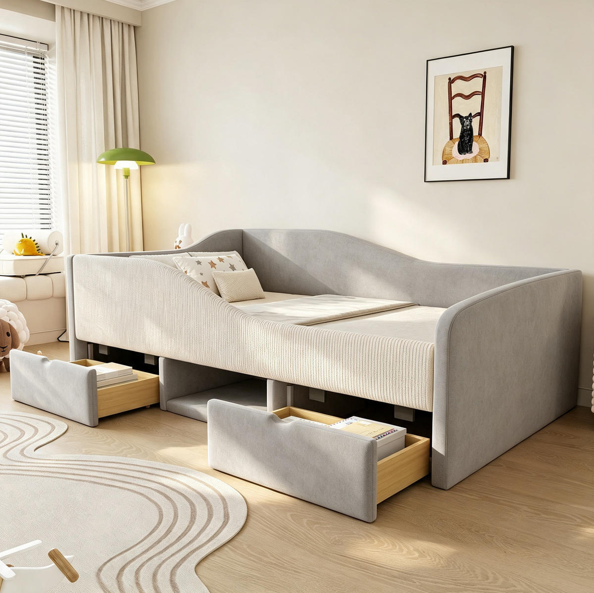 KINDER-POLSTERBETT 90x190 cm in Grau mit Schutzgitter und 2 Schubladen - Grau, Textil (90/190cm) - IVMEU