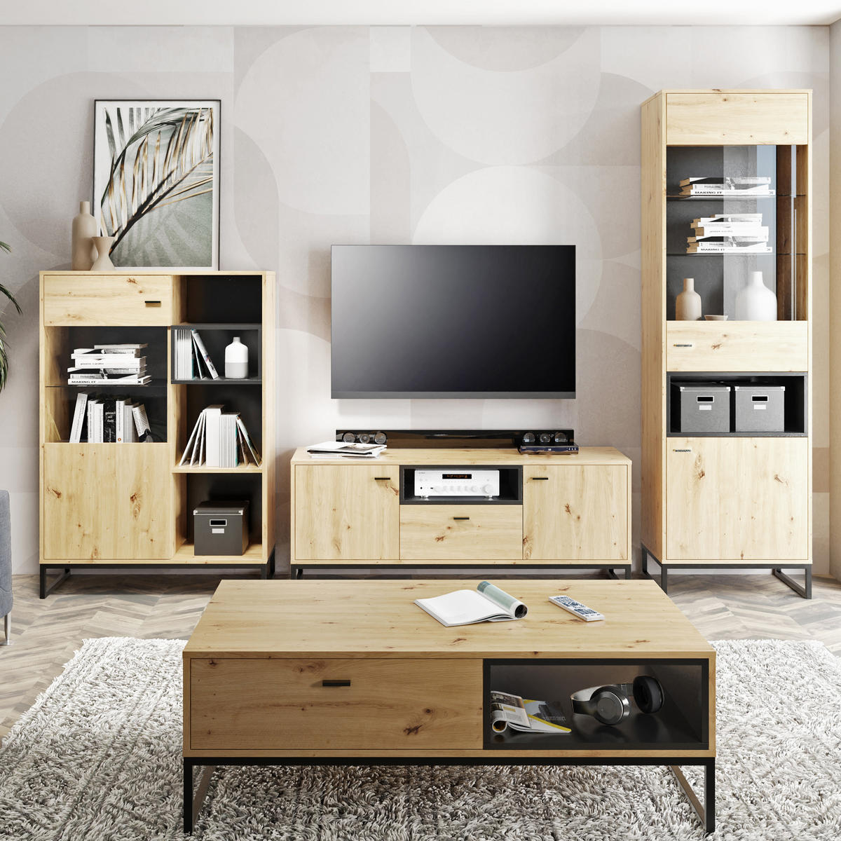 BÜCHERREGAL OMAN mit 2 Schubladen, eiche Artisan+Schwarz - Schwarz/Eiche Artisan, Holzwerkstoff/Metall (60/202/40cm) - Beautysofa