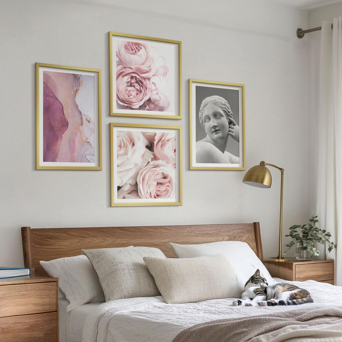 BILDER SET 4er Set - 50x50 cm & 40x60 cm Goldrahmen - Pfingstrosenskulptur einer Frau - Goldfarben, Kunststoff (50/50cm) - TULUP