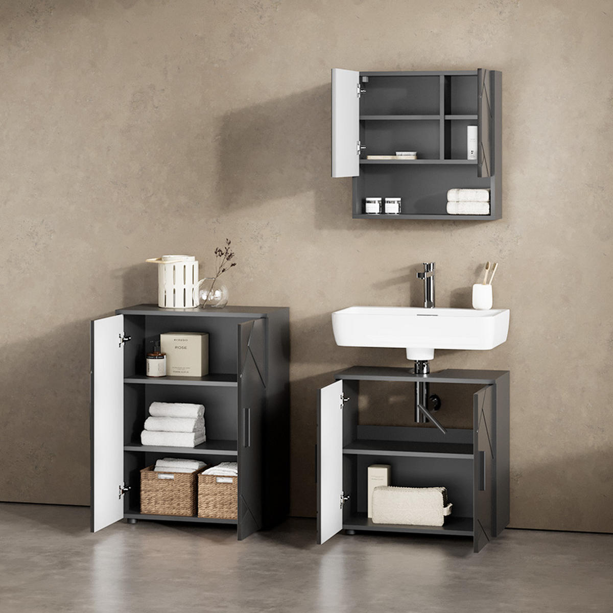 BADMÖBEL-SET Ronco Anthrazit Hochglanz 3 Teile, mit Unterschrank 60 cm - Schwarz Hochglanz/Anthrazit, Holzwerkstoff (60/81/30cm) - Livinity®