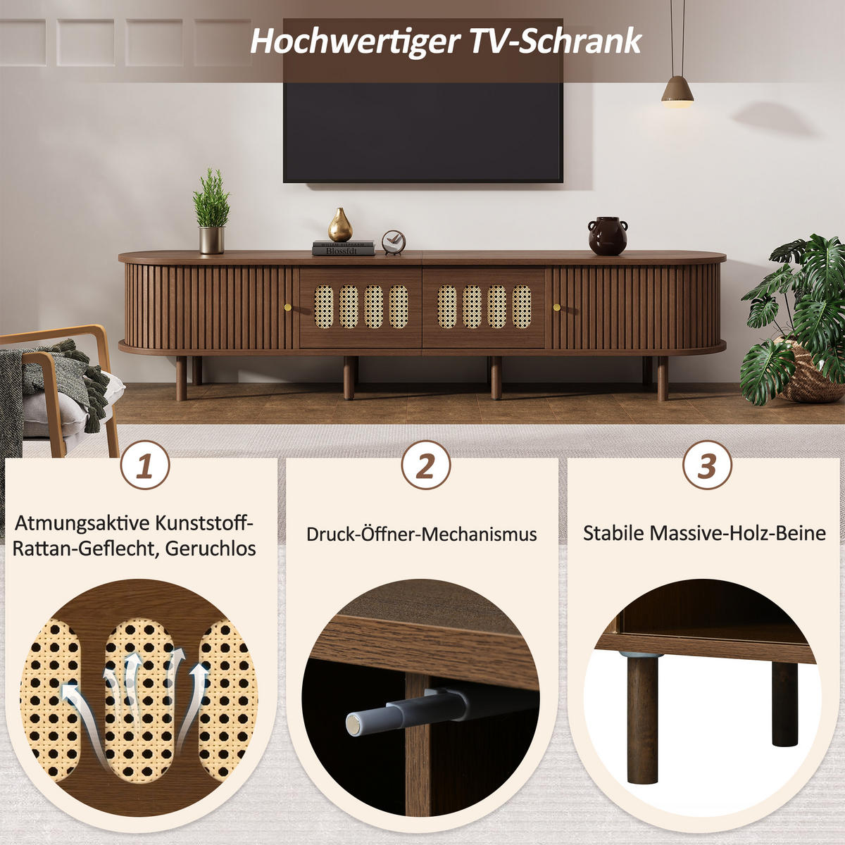 TV-SCHRANK 180cm Nussbaum Rattan 2 Schubladen Lowboard - Walnussfarben, Holzwerkstoff (180/40/40cm) - FLIEKS