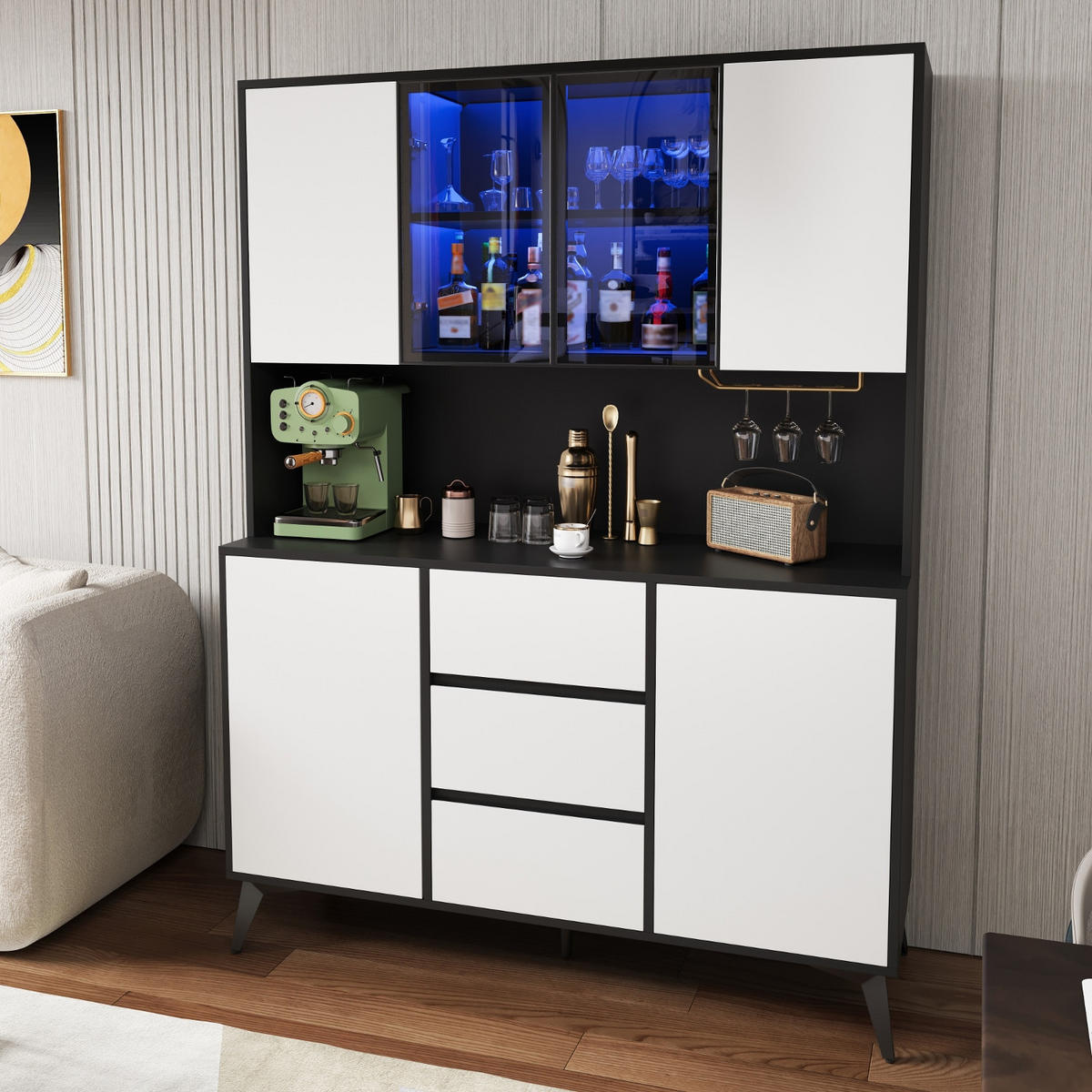 KÜCHENSCHRANK, 120/160/40 cm, MDF, Schwarz-Weiß, APP-GESTEUERTE LED-BELEUCHTUNG, für Esszimmer - Schwarz, Holzwerkstoff (40/160/120cm) - Rolipo
