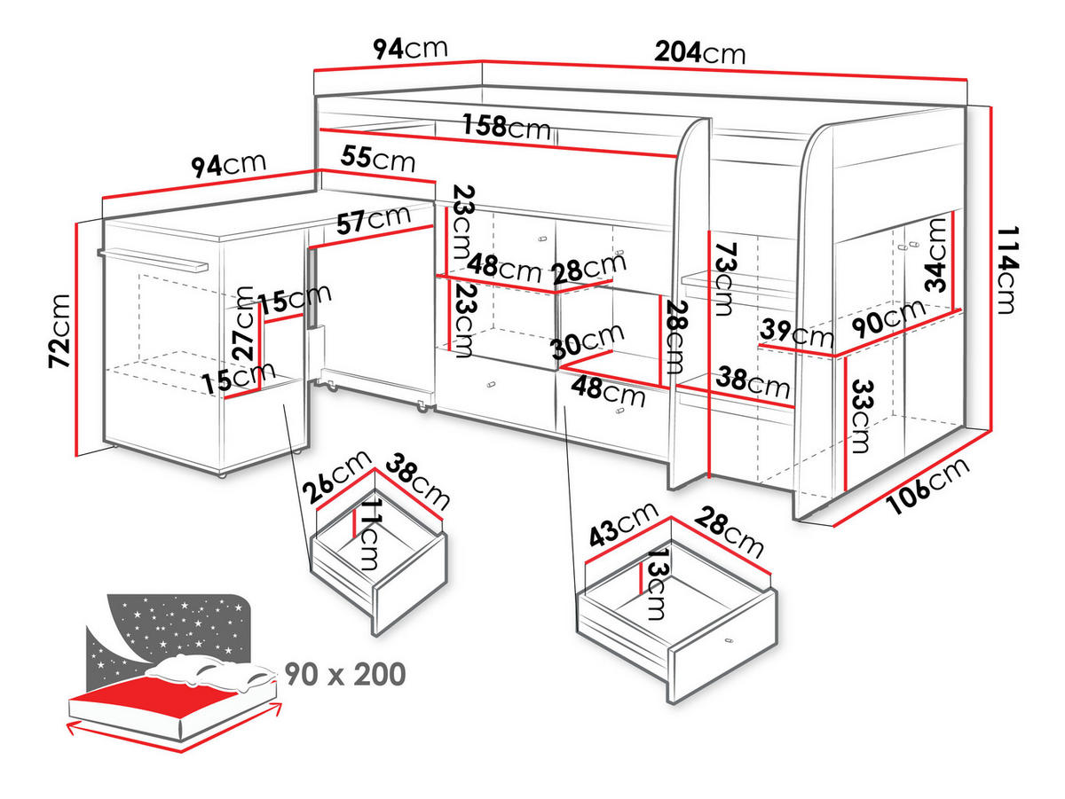 ETAGENBETT Oro OR08 - Schwarz/Naturfarben, Holzwerkstoff/Kunststoff (90/200cm) - MIRJAN24