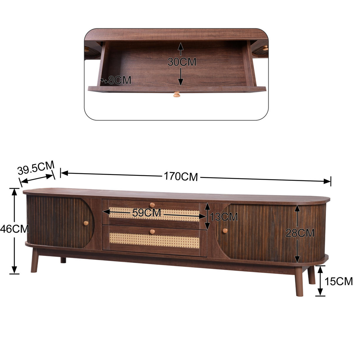TV-SCHRANK mit Türen und Schubladen 170 cm MDF Natural - Braun, Holzwerkstoff (39.5/46/170cm) - Beauniv