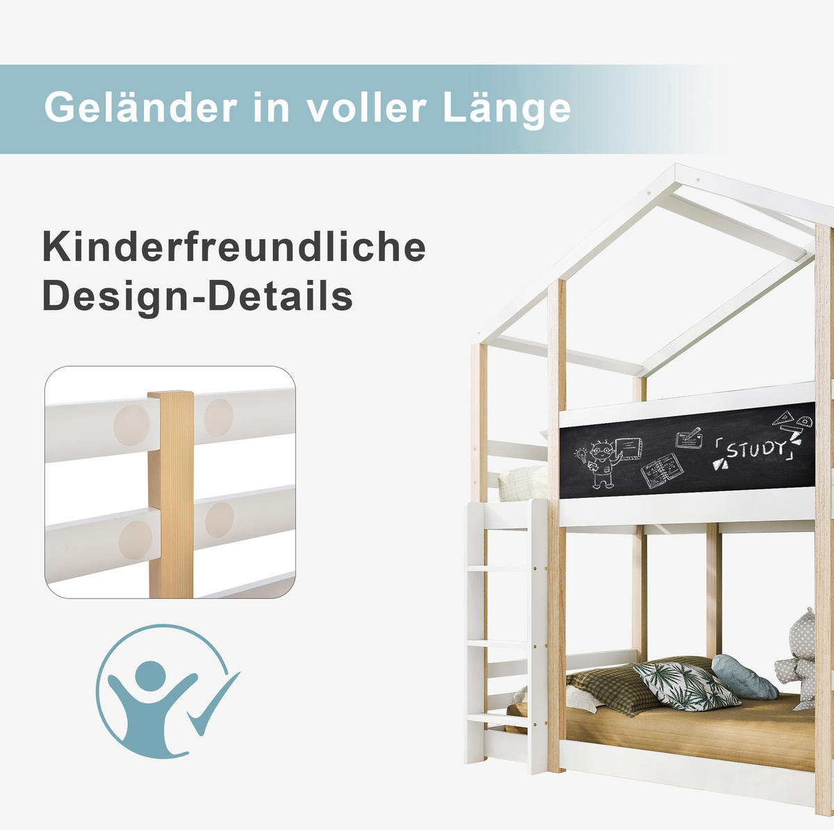 ETAGENBETT aus Massivholz 90x200 cm in Weiß mit Rutsche & Leiter - Weiß, Holz (90/200cm) - Modfu