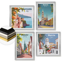 WANDBILDER 4er Set - 50x50 cm & 40x60 cm Silberner Rahmen - Europäische Städte in farbigen Illustrationen - Silberfarben, Kunststoff (50/50cm) - ArtPrintCave