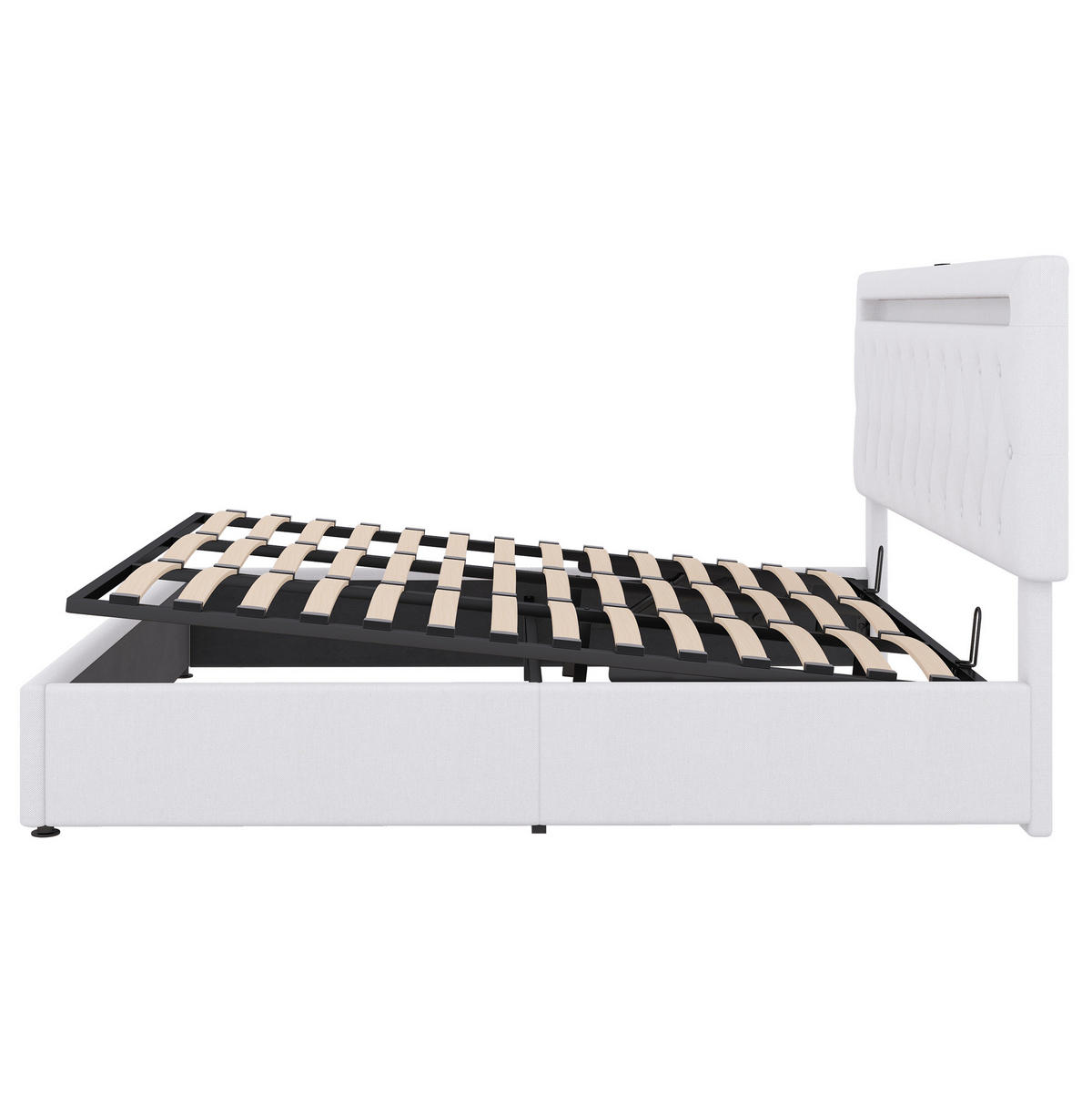 POLSTERBETT aus Leinen und MDF 180x200 cm Weiß mit hydraulischem Stauraum, LED-Beleuchtung und USB-Anschlüssen - Weiß, Textil (180/200cm) - IVMEU