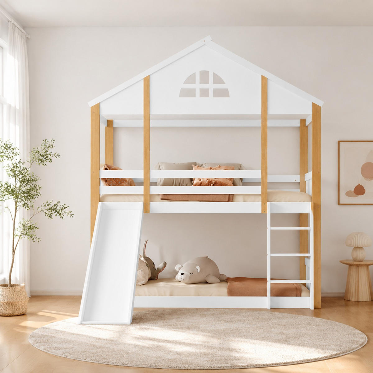 ETAGENBETT 90/200 mit Rutsche, umsetzbarer Winkelleiter und Fallschutz in Weiß und Natur - Weiß/Naturfarben, Holzwerkstoff (90/200cm) - EVRYAE