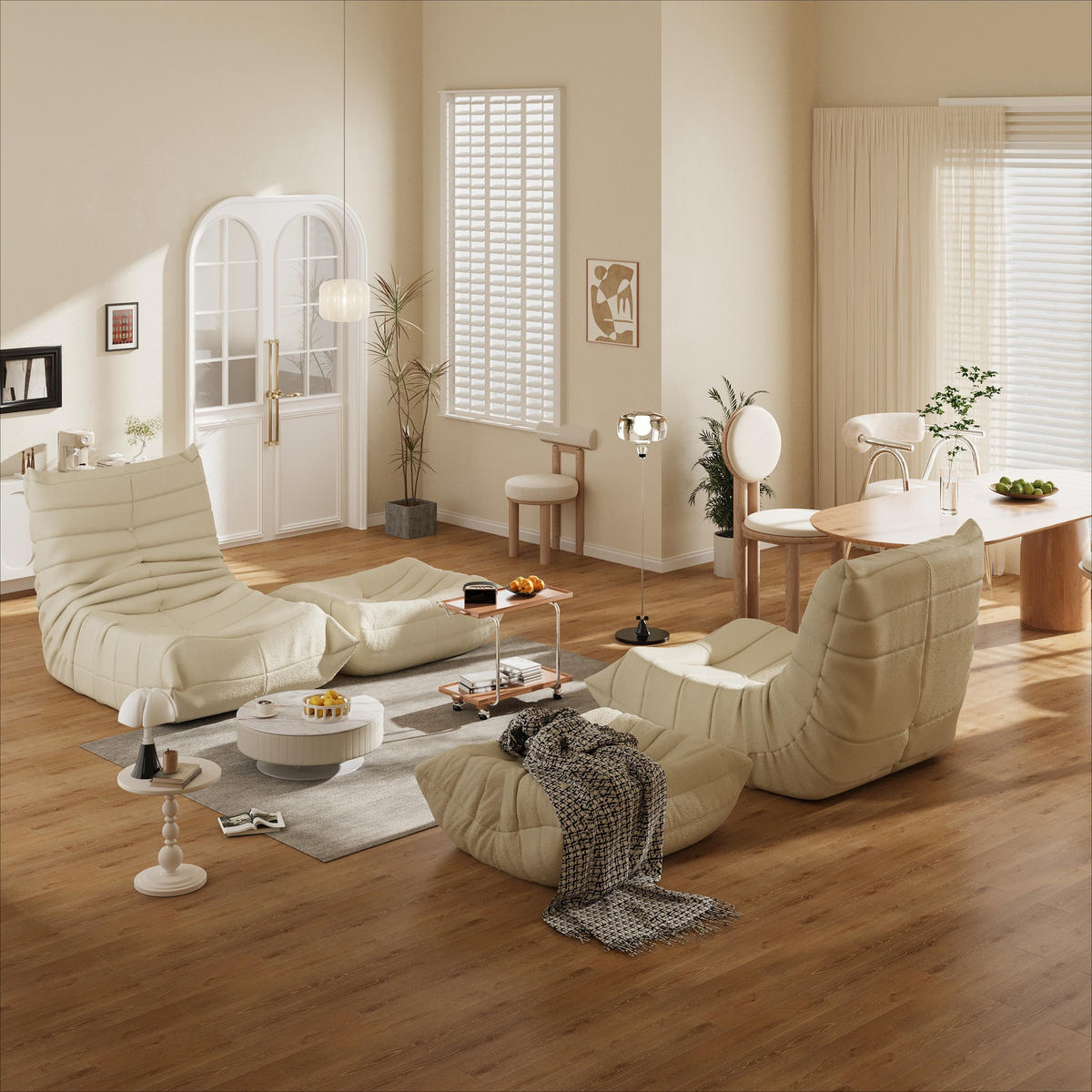 SITZSACK Stoff Beige mit Fußstütze, gepolsterter Loungesessel mit breiter Sitzfläche - Beige, Textil (85/79/114cm) - WISHDOR