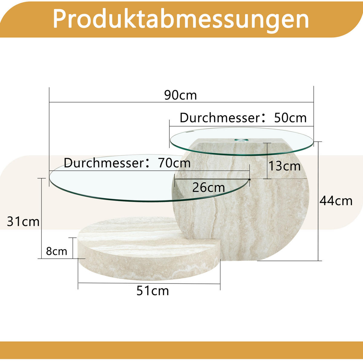 COUCHTISCH 70/70/44 cm mit Sicherheitsglas und mehrstufigen Ablagen in Steinoptik, Transparent - Transparent, Holzwerkstoff (70/70/44cm) - Redom