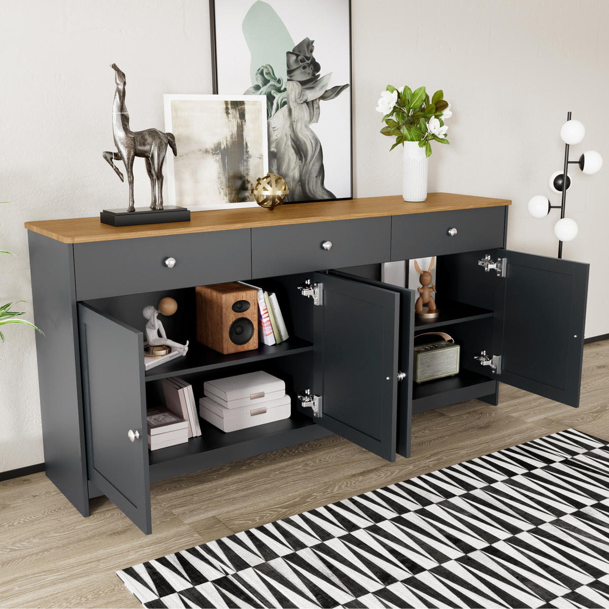 IN Grau Kommode mit Holzmaserung, 4 Türen und 3 Schubladen für Wohnzimmer und Esszimmer, B160/T37/H75cm - Schwarz/Grau, Holzwerkstoff/Metall (160/75/37cm) - STILVORA