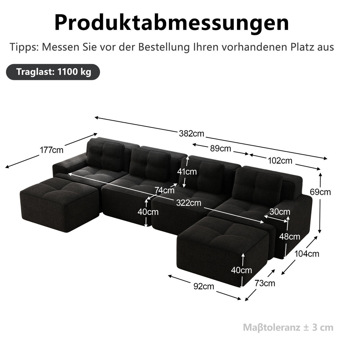 WOHNLANDSCHAFT DE-34113 modular 4-Sitzer mit Chaiselongue Schwarz - Schwarz, Textil (177/69/382cm) - ComfortXL