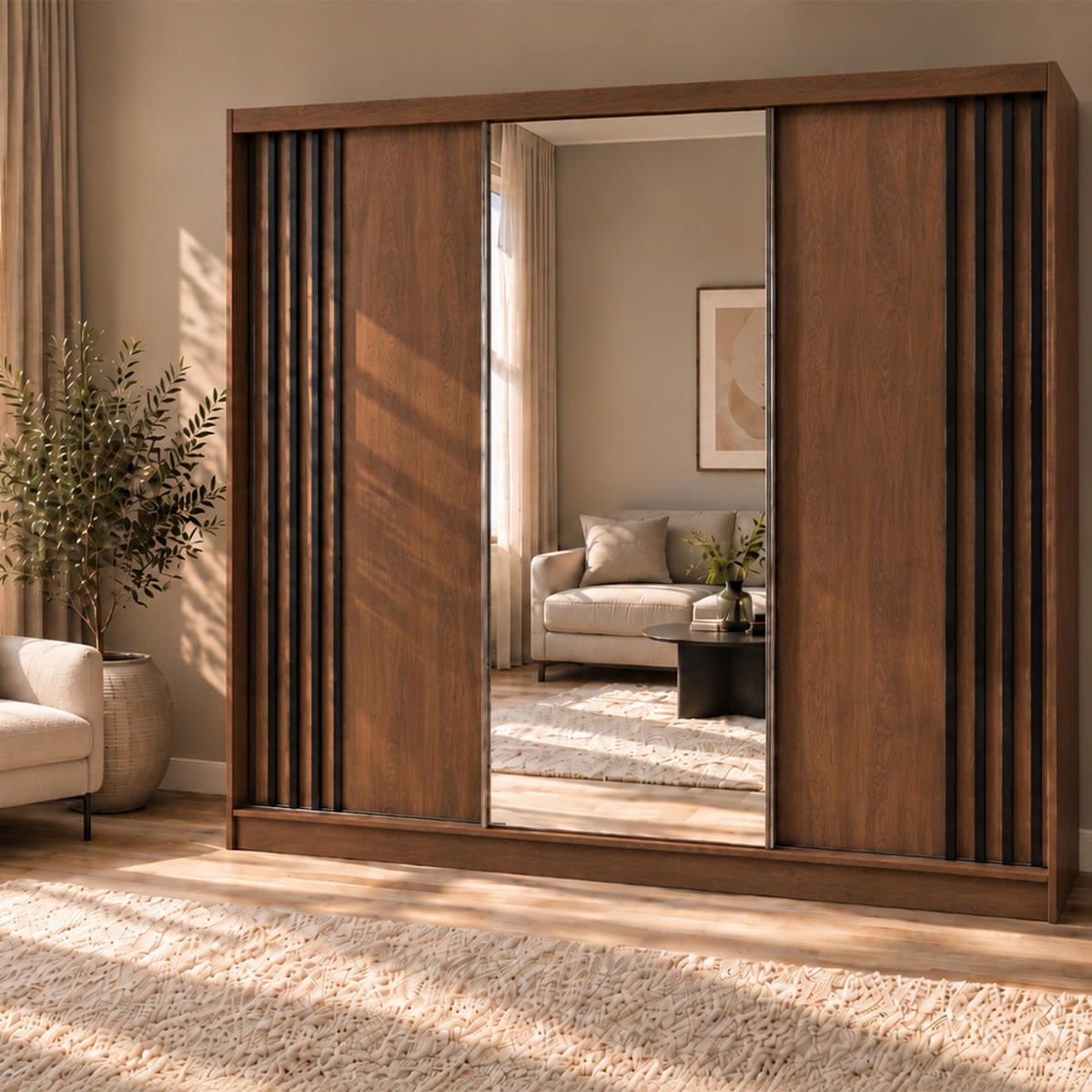 KLEIDERSCHRANK Nila 240 cm Nussbaum Warmia Spiegel 4 Schubl. Griffe schwarz - Nussbaumfarben, Holzwerkstoff (240/216/61cm) - KS Home Concept