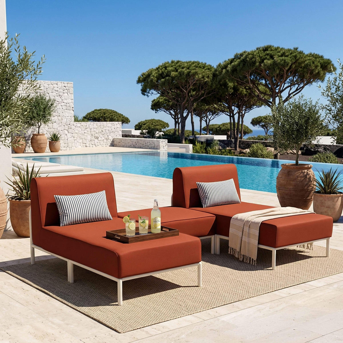 GARTENSOFA mit 3 Sitzplätzen, Terrakotta - Rot, Textil (128/78/144cm) - Oviala