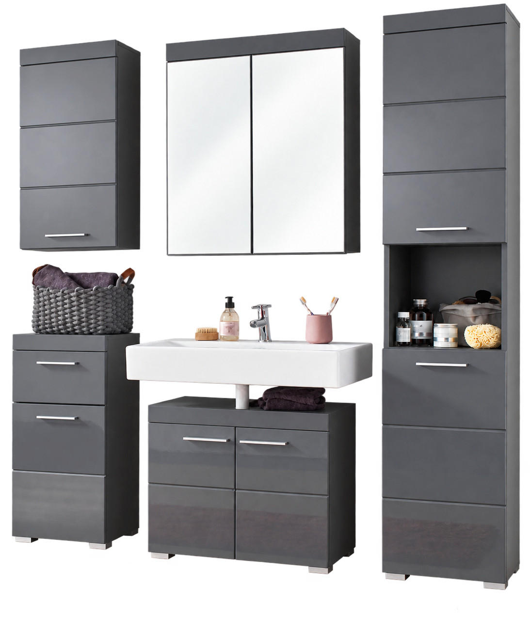 BADMÖBEL-SET grau Hochglanz 5-teilig 163 x 190 cm, Komplett-Set mit viel Stauraum - Grau, Glas/Holzwerkstoff (163/190/34cm) - Top.Furn
