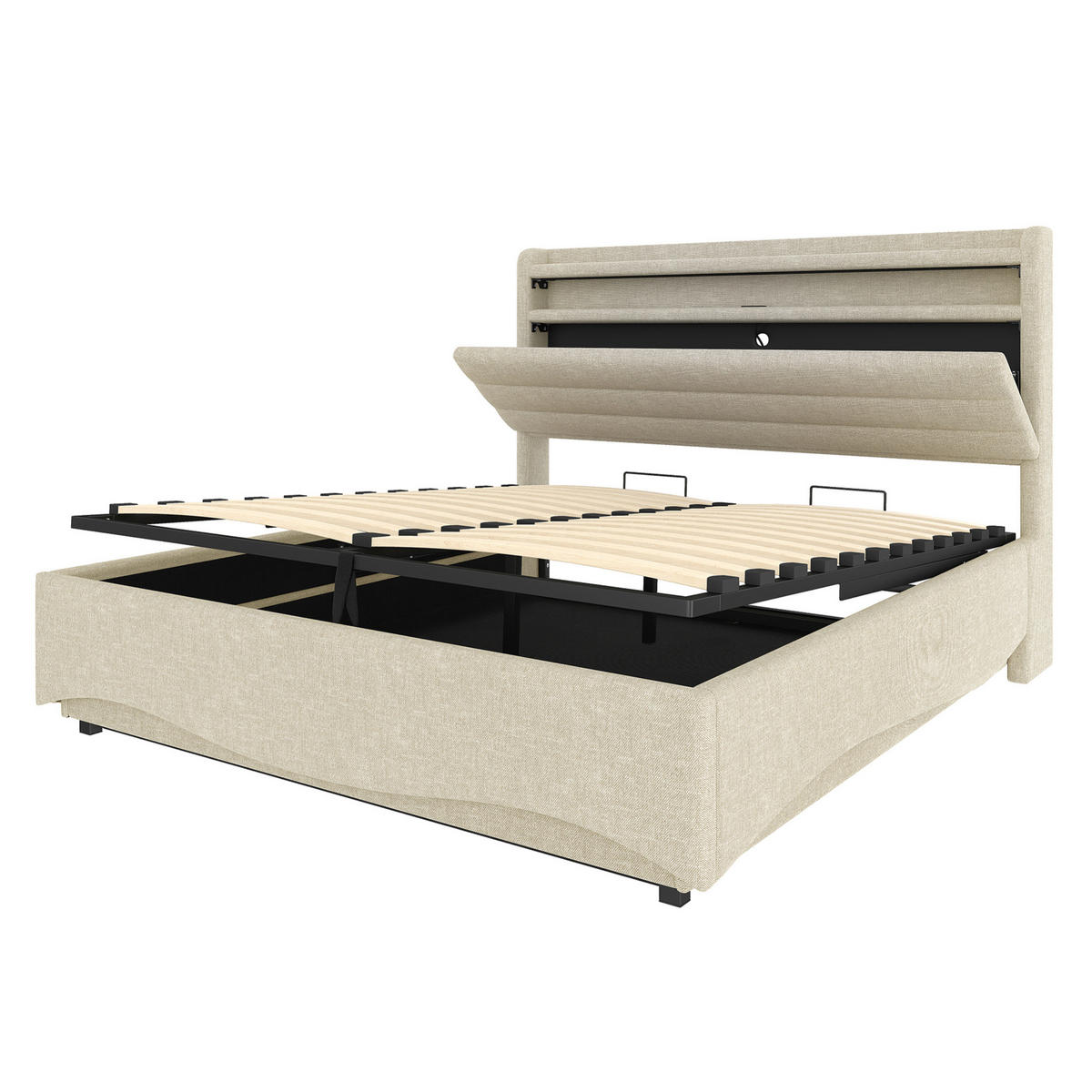 POLSTERBETT 140/200 cm Beige aus Leinen mit LED-Beleuchtung und Stauraum - Beige, Textil (140/200cm) - OKMYHOME